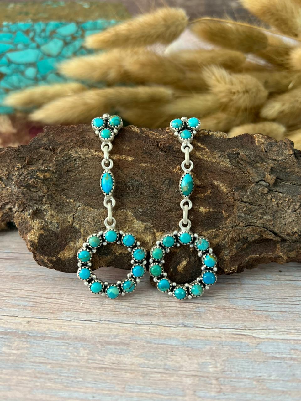 Handmade Sterling Silver Kingman Turquoise Post Dangle Earrings "Signed Nizhoni"