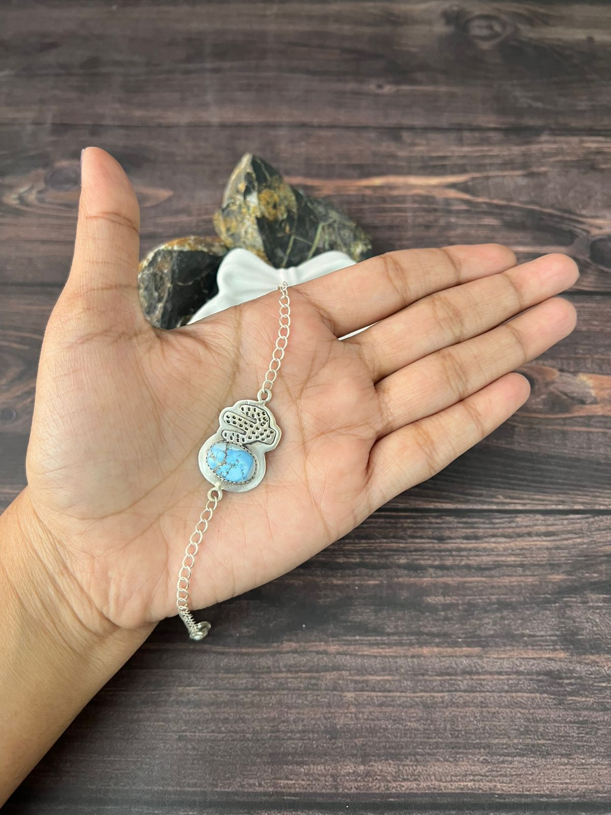 Handmade Sterling Silver Golden Hills Turquoise Chain Bracelet "Signed Nizhoni"