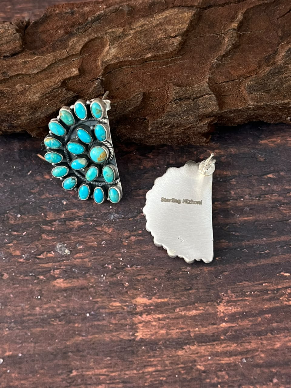 Handmade Sterling Silver Kingman Turquoise Post Studs Earrings Signed Nizhoni