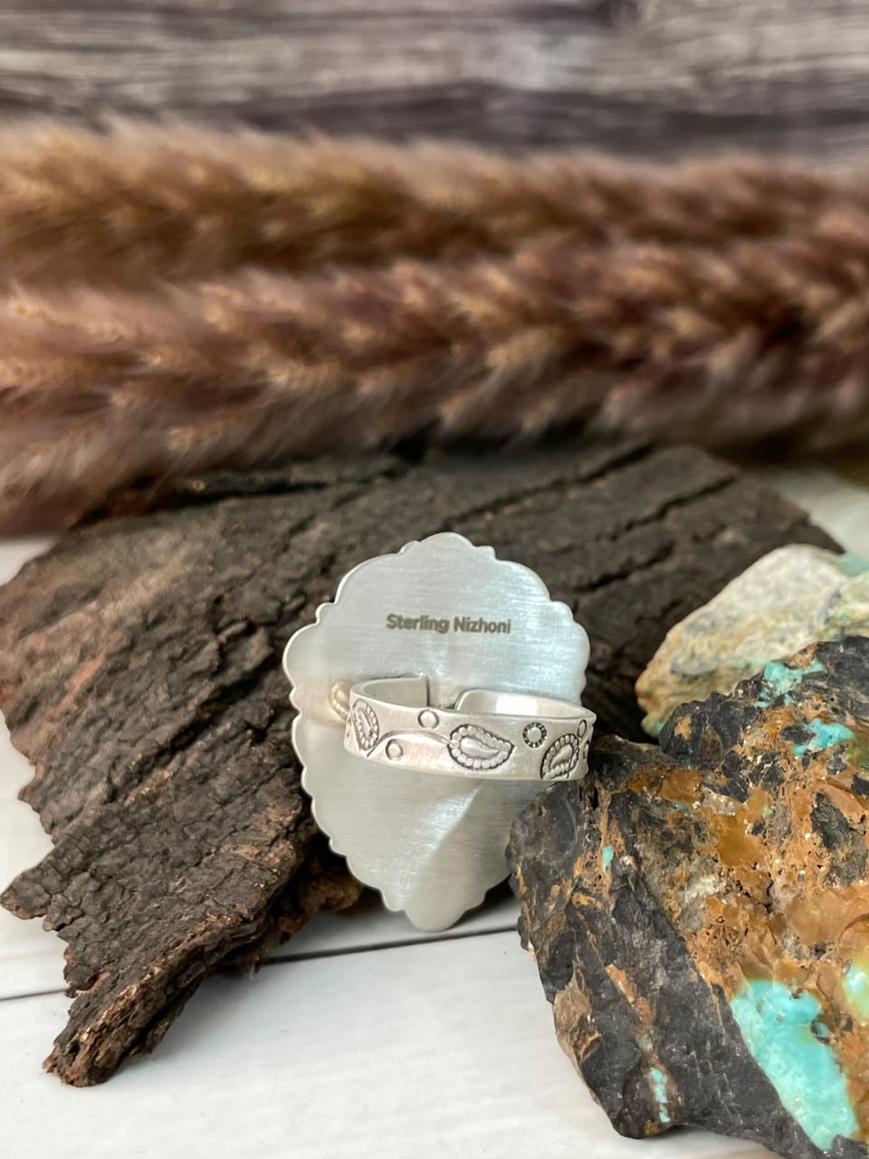 Handmade Sterling Silver Crimson Cowgirl Turquoise Collection: Adjustable Ring Signed Nizhoni