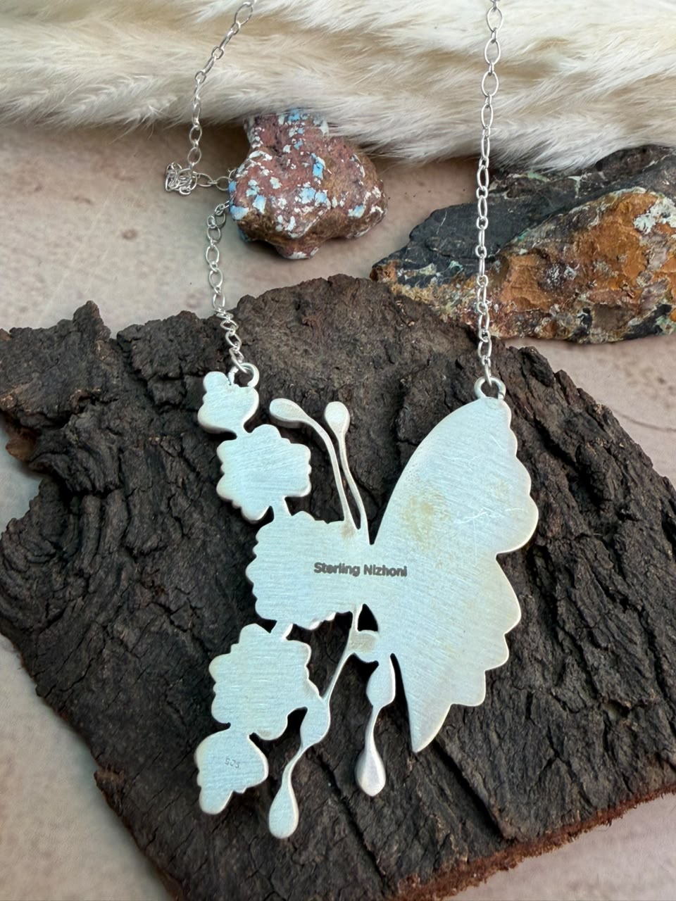 Handmade Sterling Silver White Buffalo with Kingman Turquoise Butterfly Necklace Signed Nizhoni