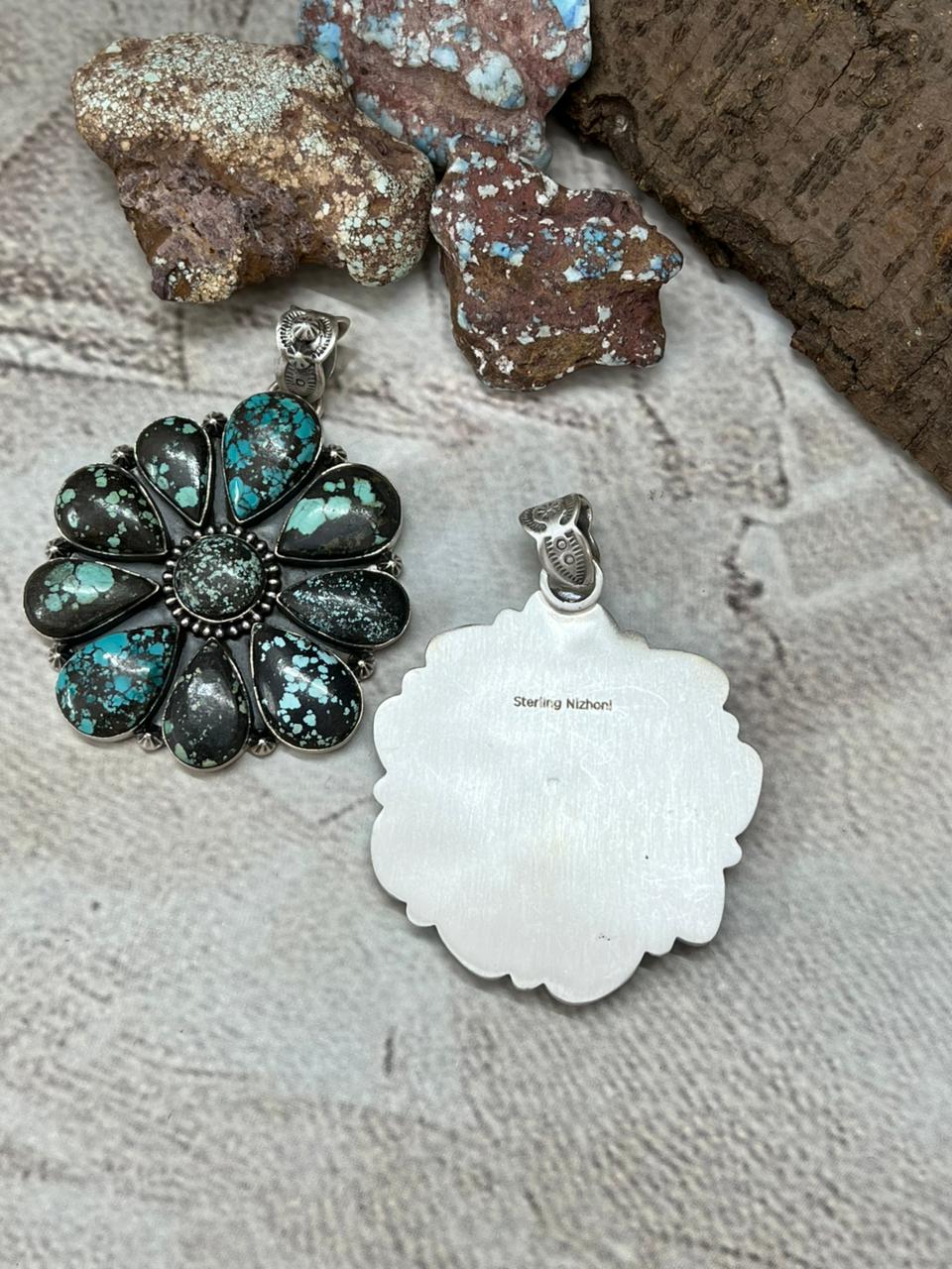 Handmade Sterling Silver Lander Turquoise Pendant with Signed Nizhoni