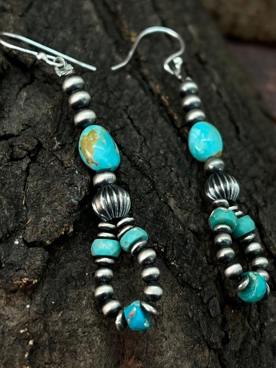 Handmade Sterling Silver Beaded Kingman with Mojave Hook Dangle Earrings