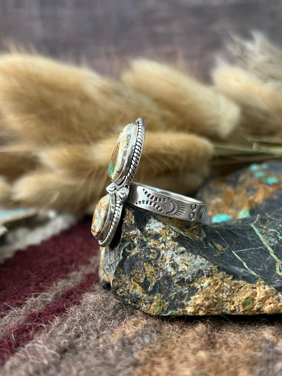 Handmade Sterling Silver Royston Ribbon Turquoise Adjusatble Ring "Signed Nizhoni"