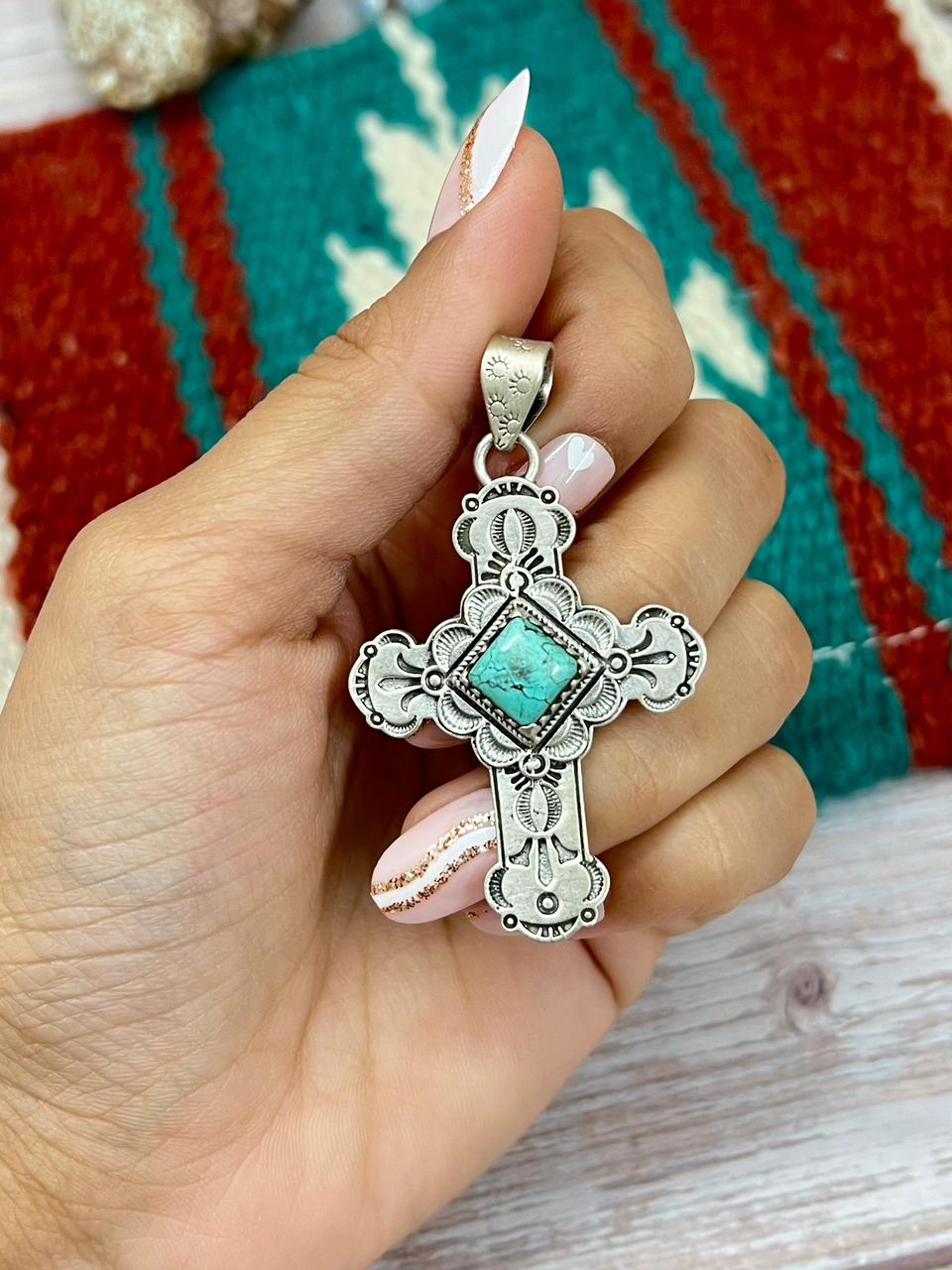 Handmade Sterling Silver Kingman Turquoise Cross Pendant "Signed Nizhoni"