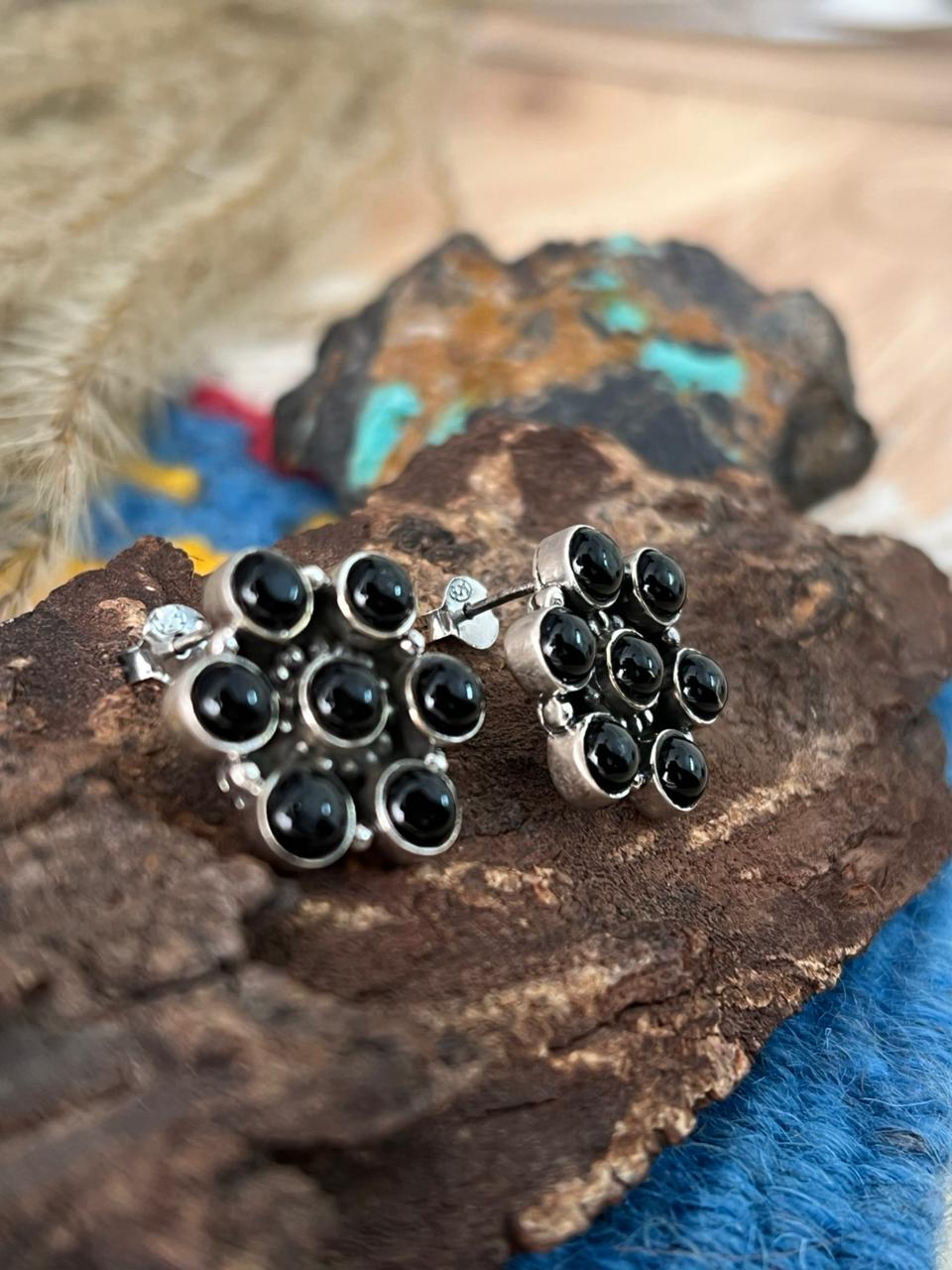 Handmade Sterling Silver Black Onyx Post Studs Earrings "Signed Nizhoni"