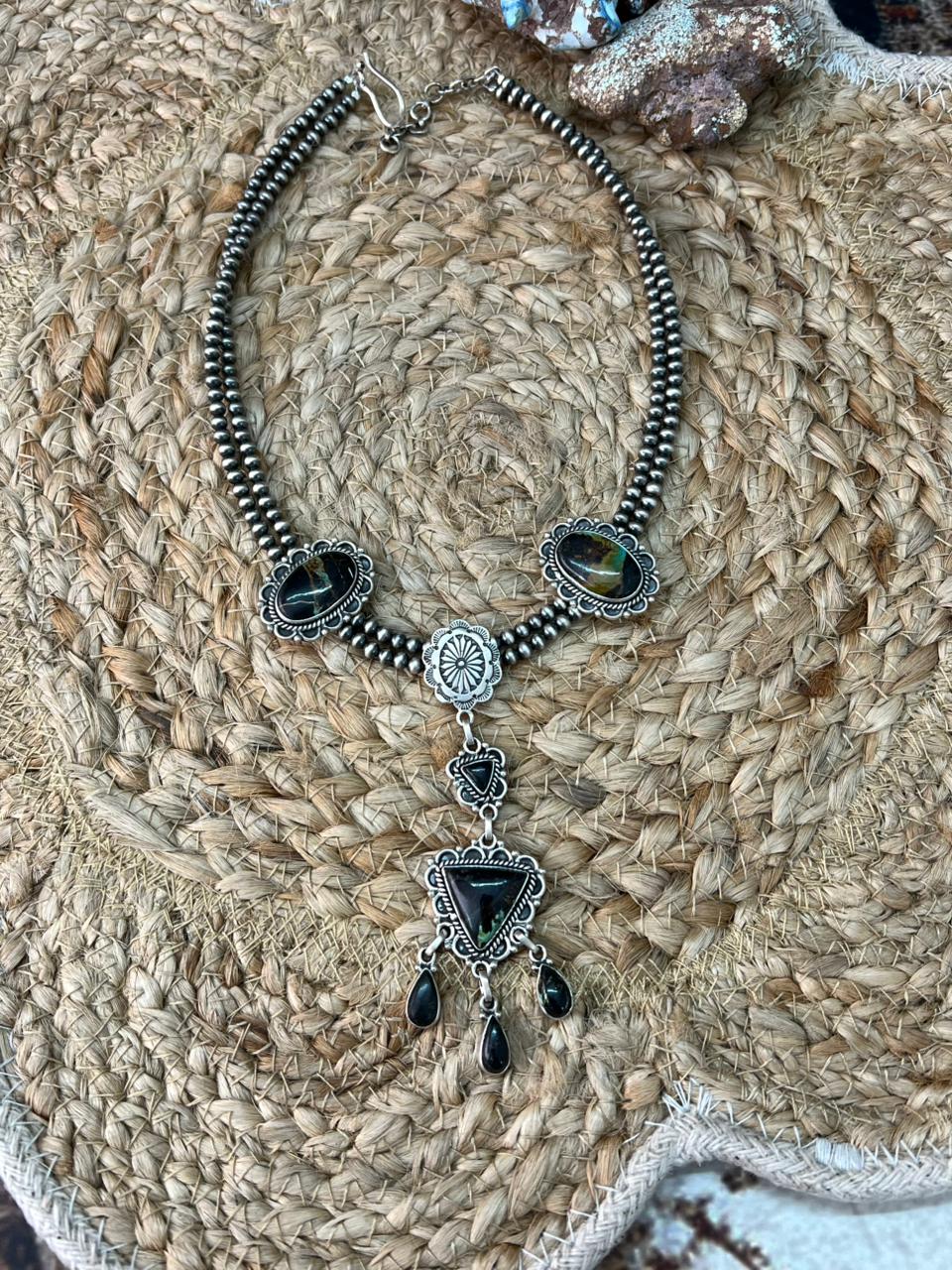 Handmade Sterling Silver Blackjack Turquoise Beaded Necklace "Signed Nizhoni"