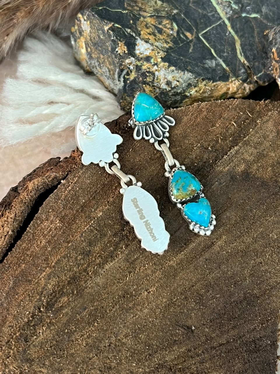 Handmade Sterling Silver Kingman Turquoise Post Dangle Earrings Signed Nizhoni