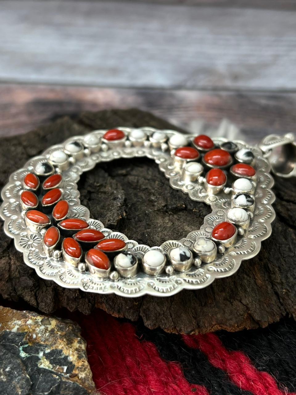 "Christmas Collection" Handmade Sterling Silver White Buffalo with Coral Pendant "Signed Nizhoni"