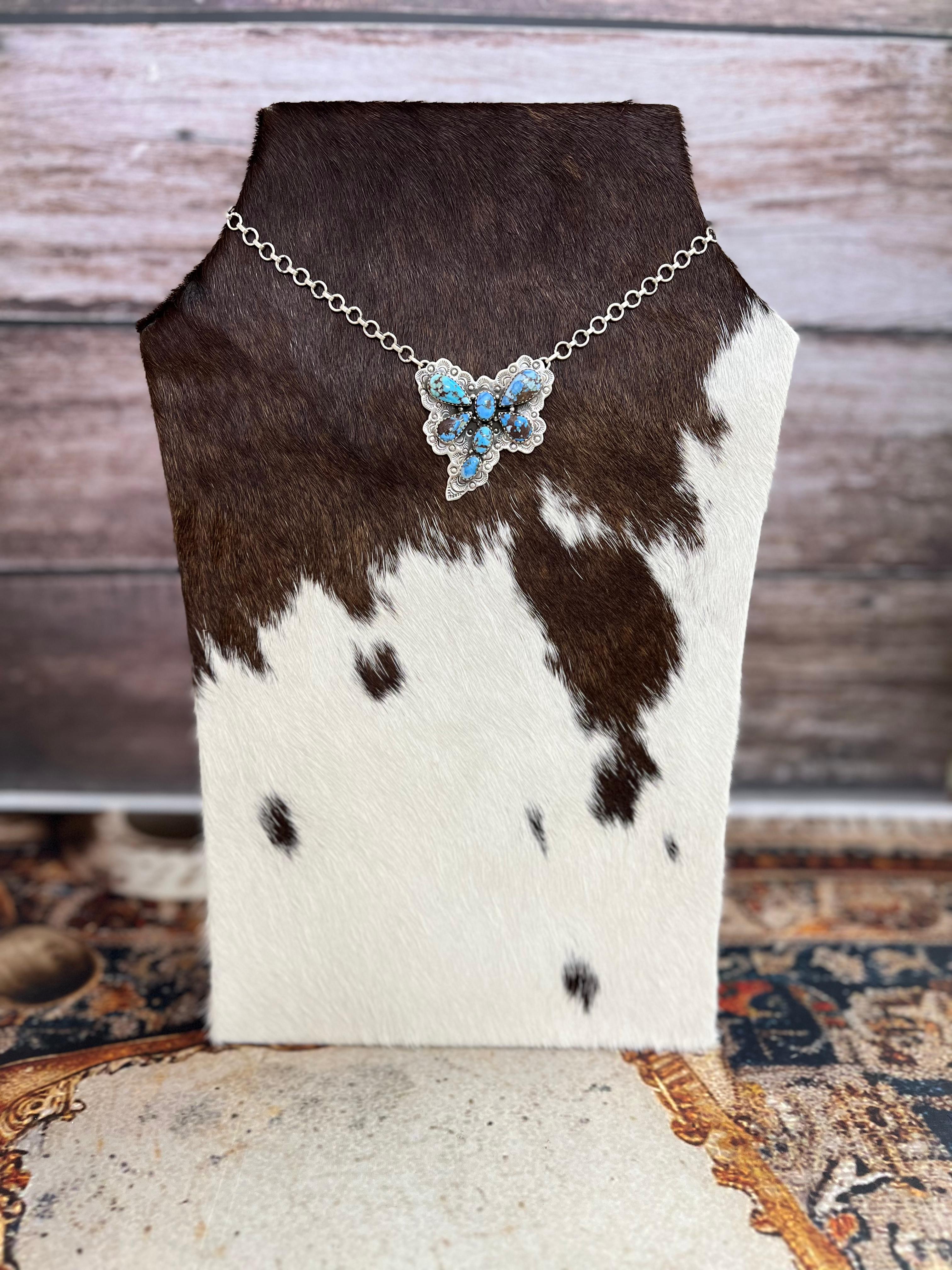 Handmade Sterling Silver Golden Hills Turquoise Dragonfly Necklace with Signed Nizhoni