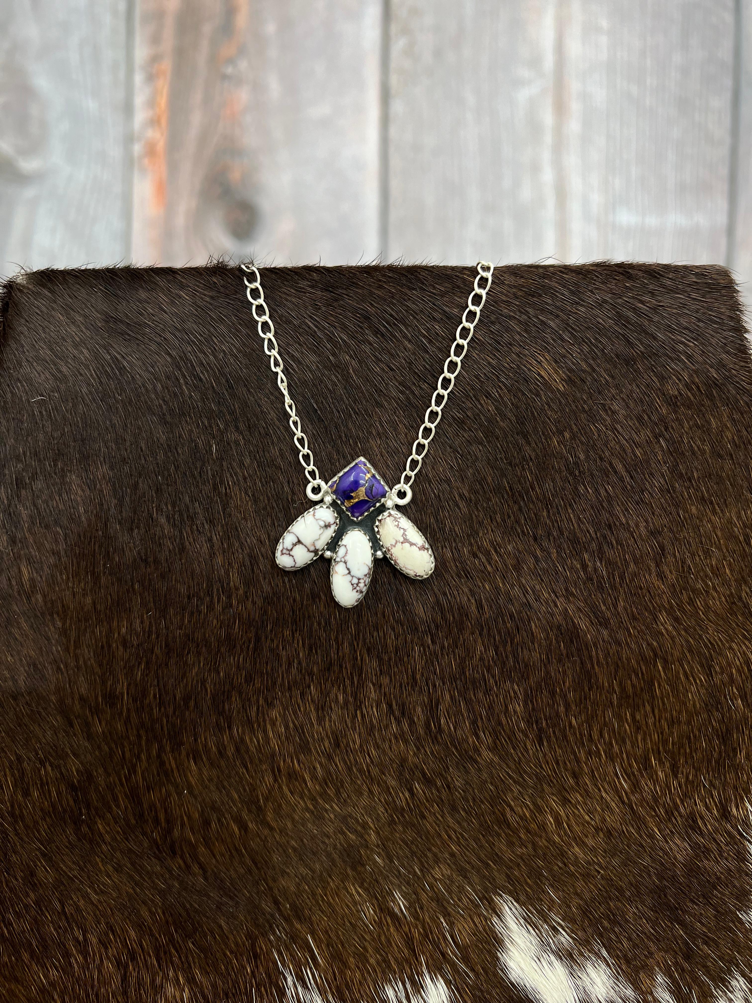 Handmade Sterling Silver Grape Dahlia with Wild Horse Necklace with Signed Nizhoni