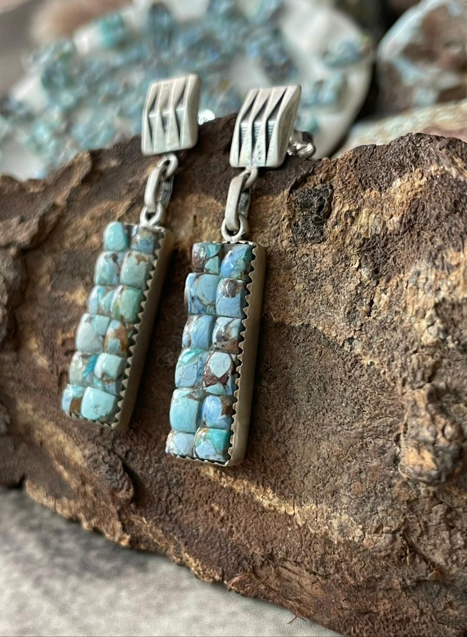 Handmade Sterling Silver Golden Hills Cobble Collection Post Dangle Earrings "Signed Nizhoni"