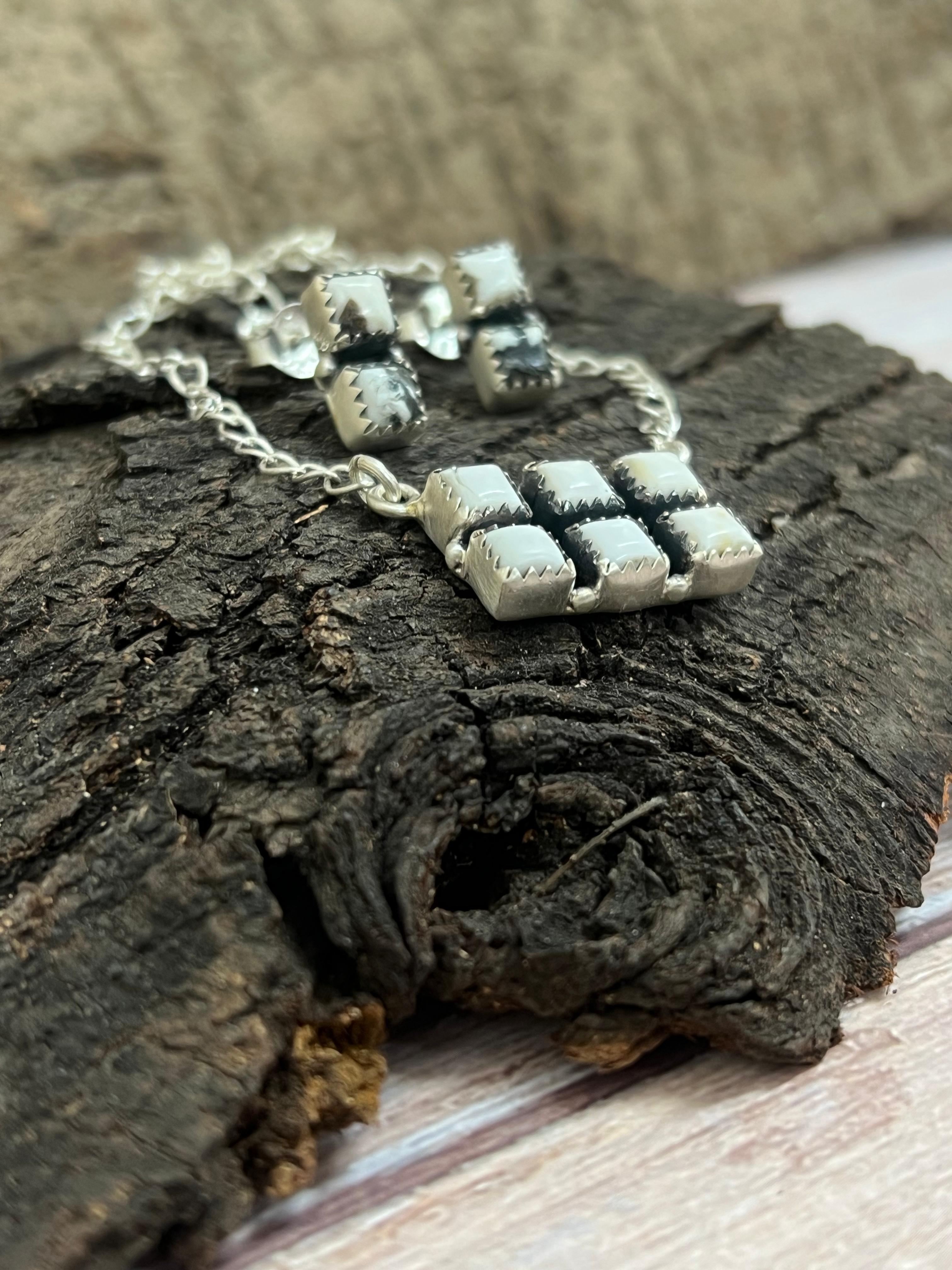 Handmade Sterling Silver White Buffalo Necklace & Earrings Set Signed Nizhoni