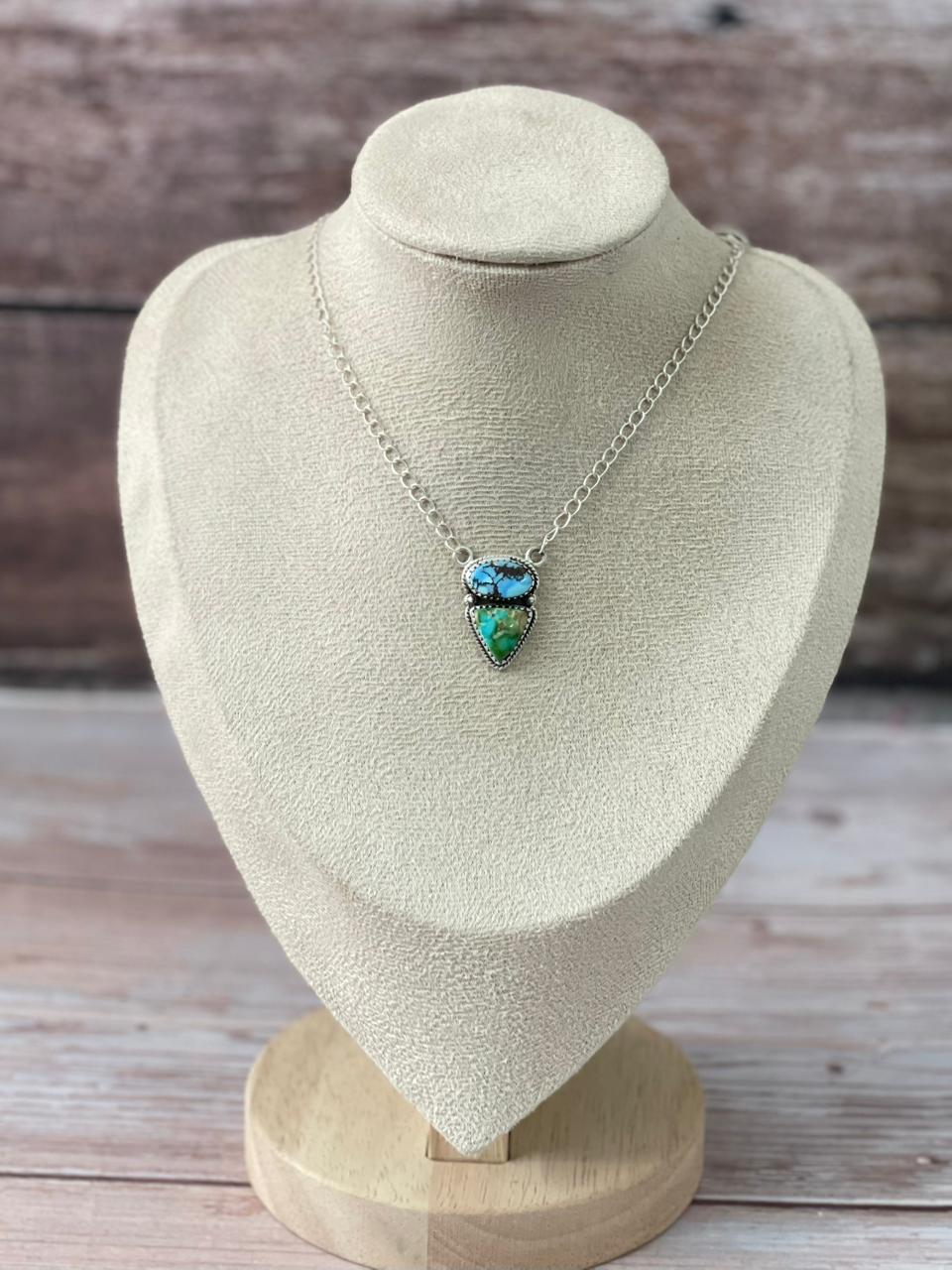Handmade Sterling Silver Golden Hills Turquoise with Sonoran Mountain Turquoise Necklace "Signed Nizhoni"