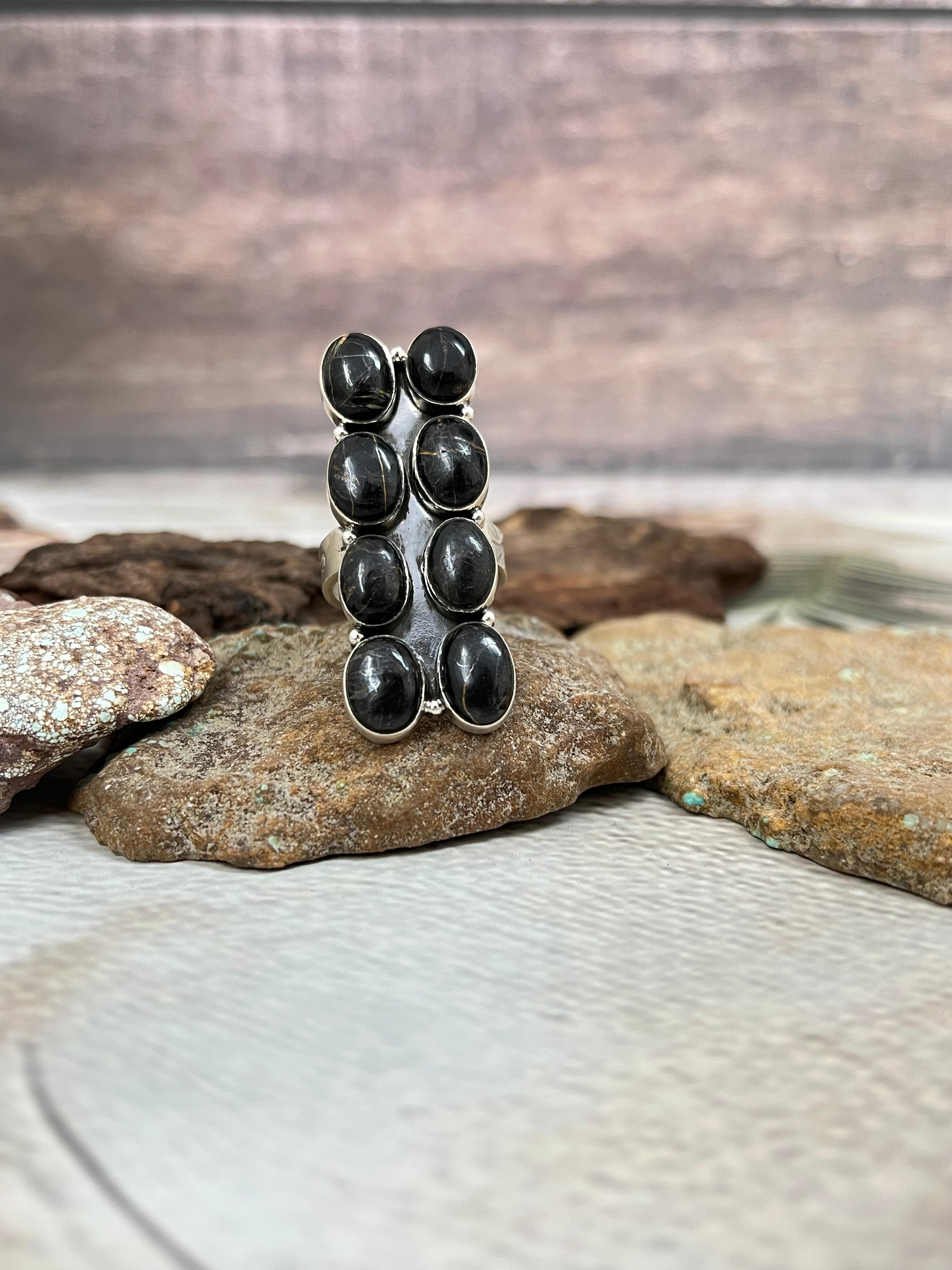 Handmade Sterling Silver Blackjack Turquoise Adjustable Ring Signed Nizhoni