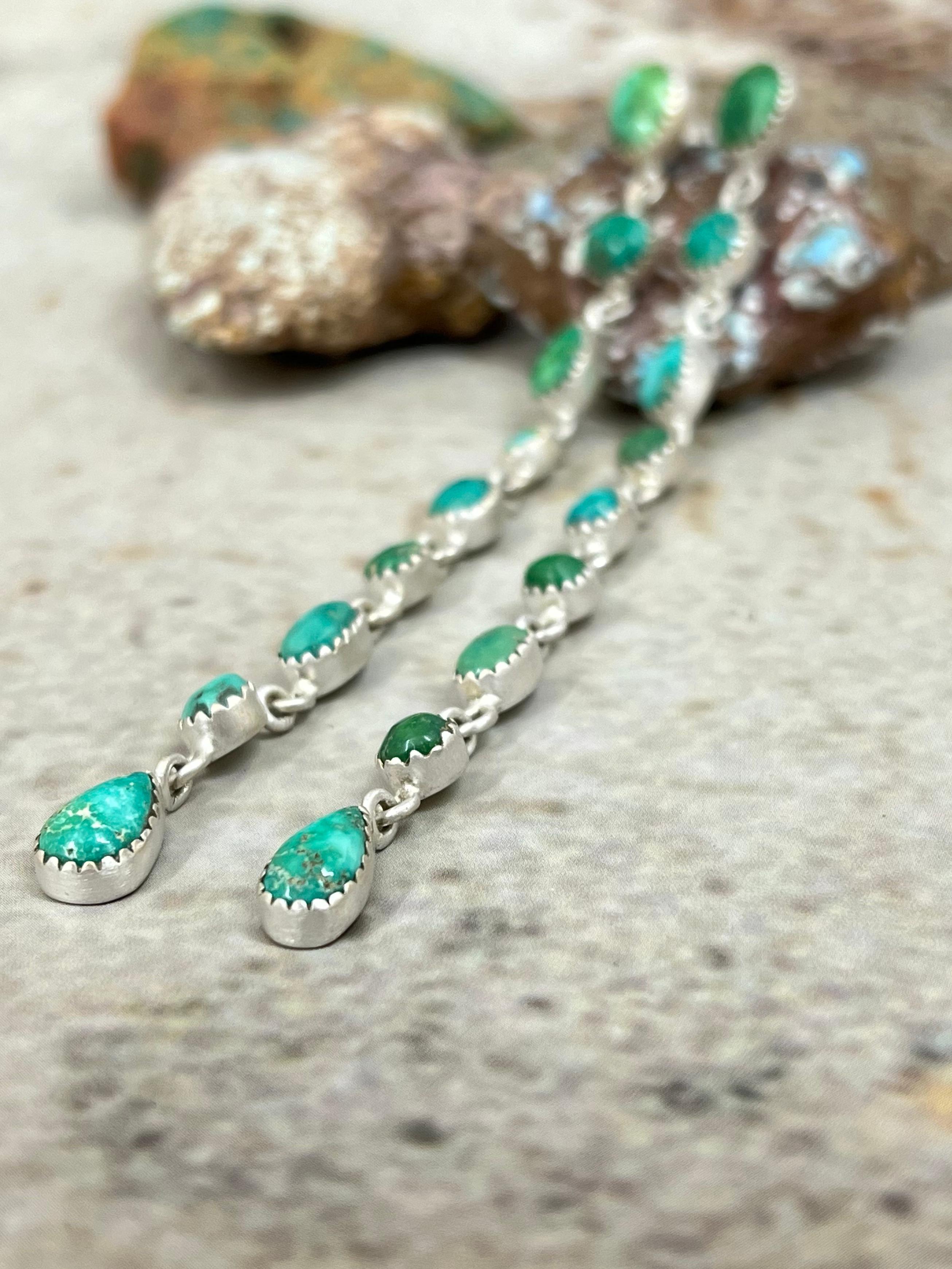 Handmade Sterling Silver Emerald Valley Post Dangle Earrings with Signed Nizhoni