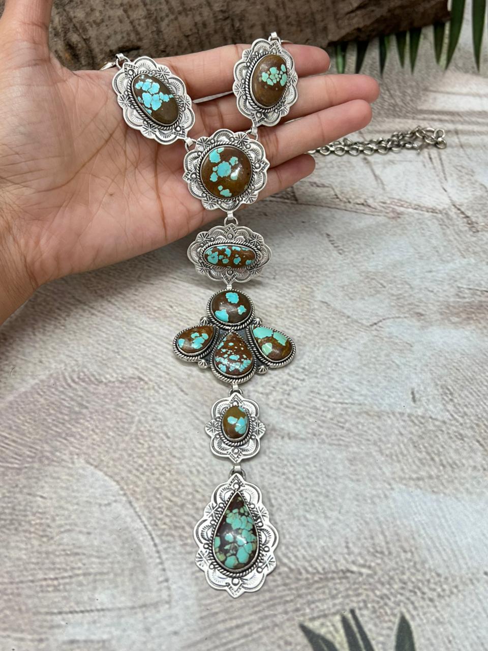 Handmade Sterling Silver Number 8 Turquoise Lariat Necklace with Signed Nizhoni