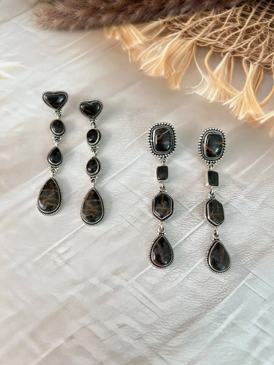 Handmade Sterling Silver Blackjack Turquoise Collection: Post Dangle Earrings Signed Nizhoni