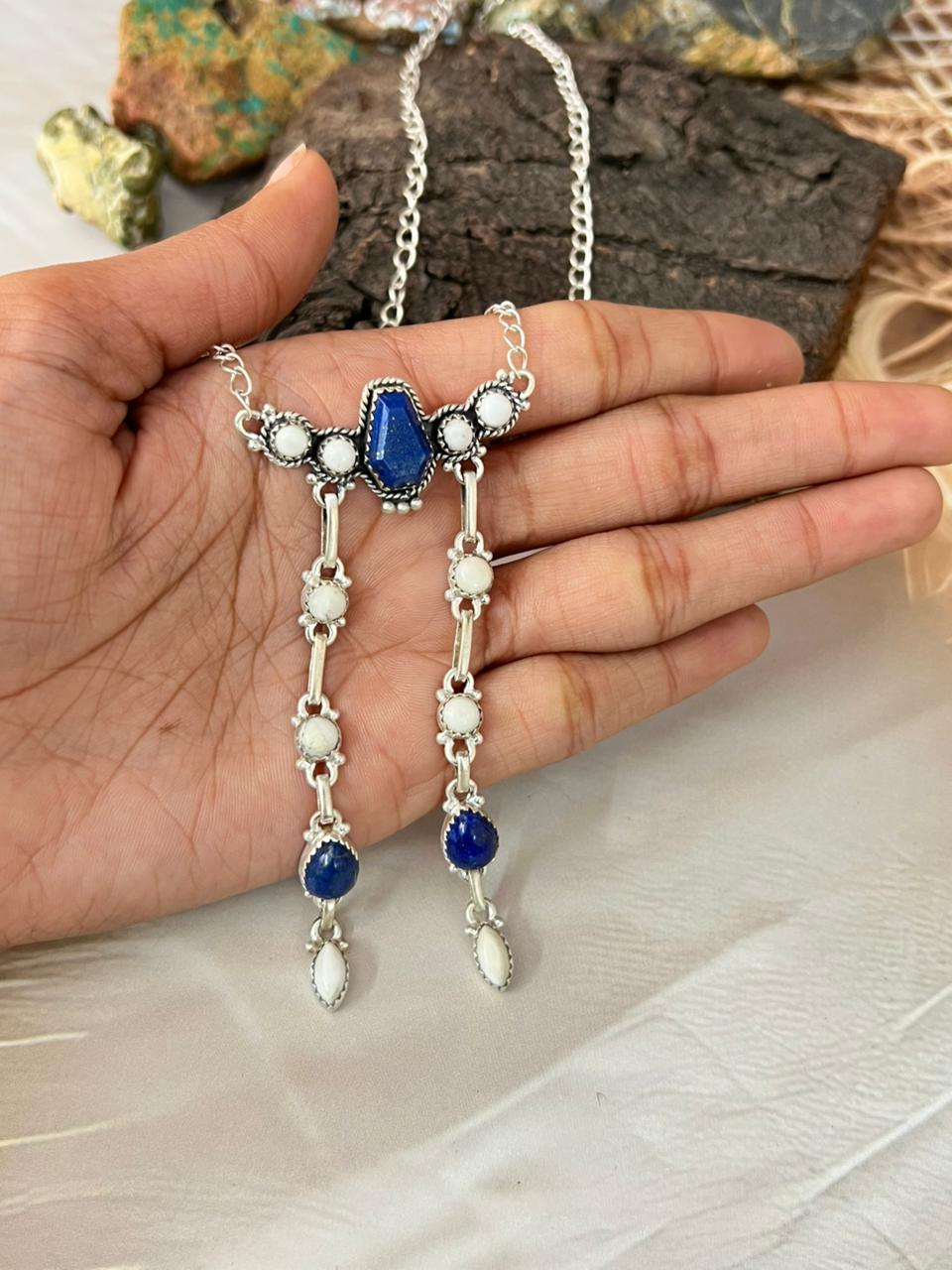 Handmade Sterling Silver White Buffalo with Lapis Necklace "Signed Nizhoni"