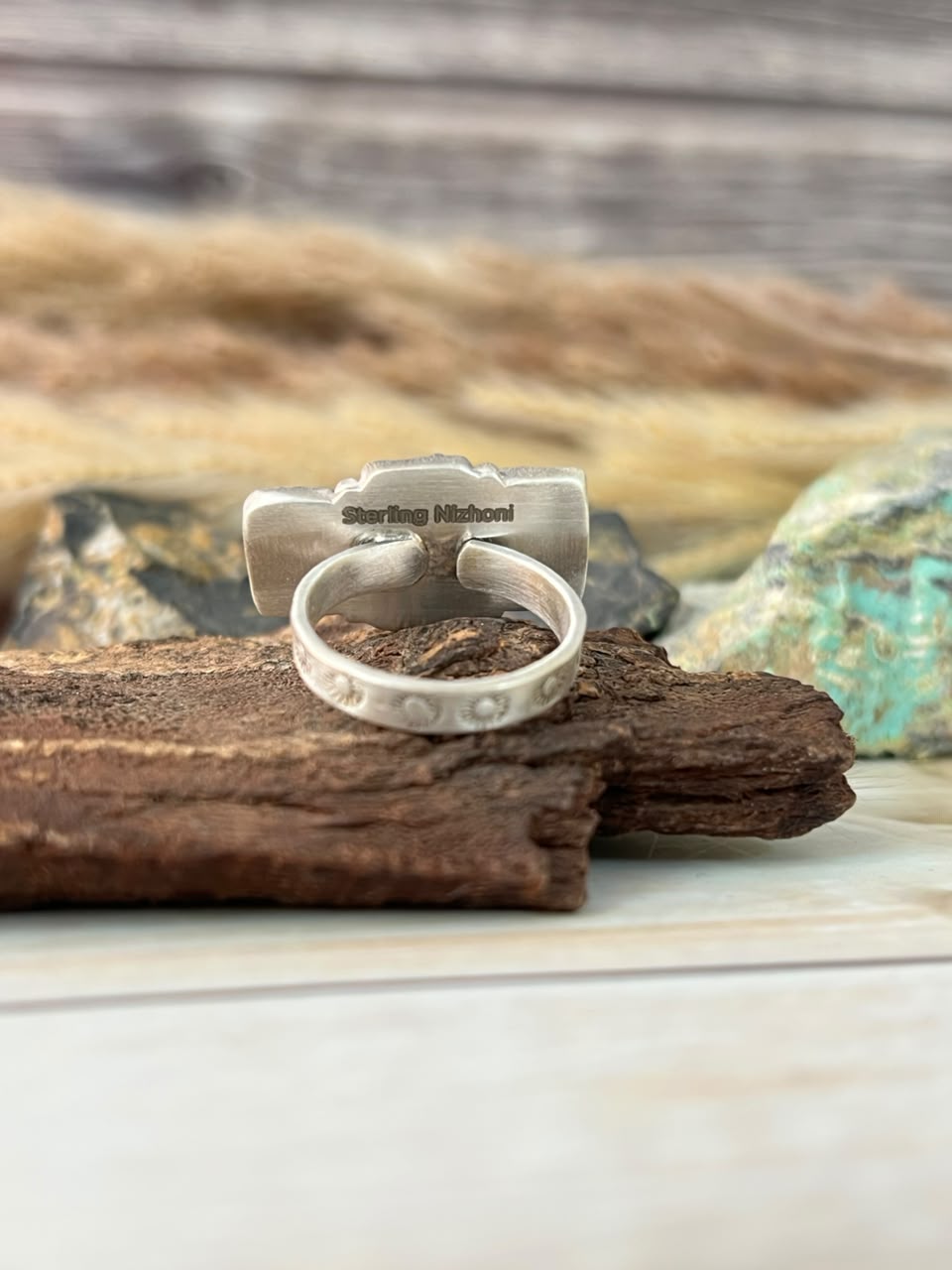 Handmade Sterling Silver Gem Silica Adjustable Ring Signed Nizhoni