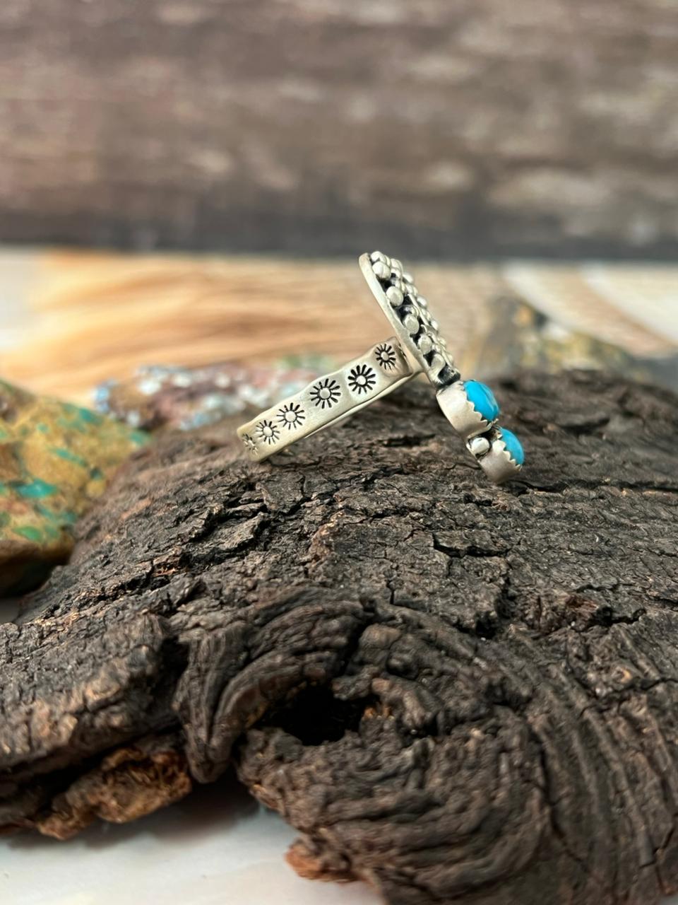Handmade Sterling Silver Kingman Turquoise Adjustable Ring "Signed Nizhoni"