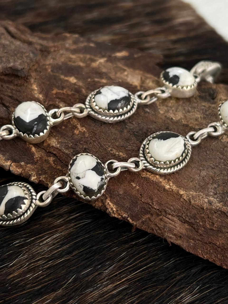 Handmade Sterling Silver White Buffalo Post Dangle Earrings "Signed Nizhoni"