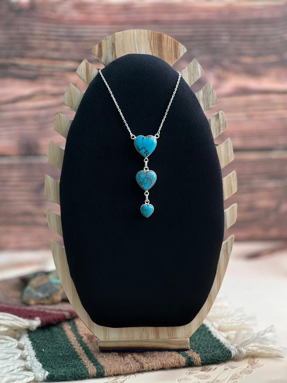 Handmade Sterling Silver Blue Matrix Heart Drop Necklace "Signed Nizhoni"