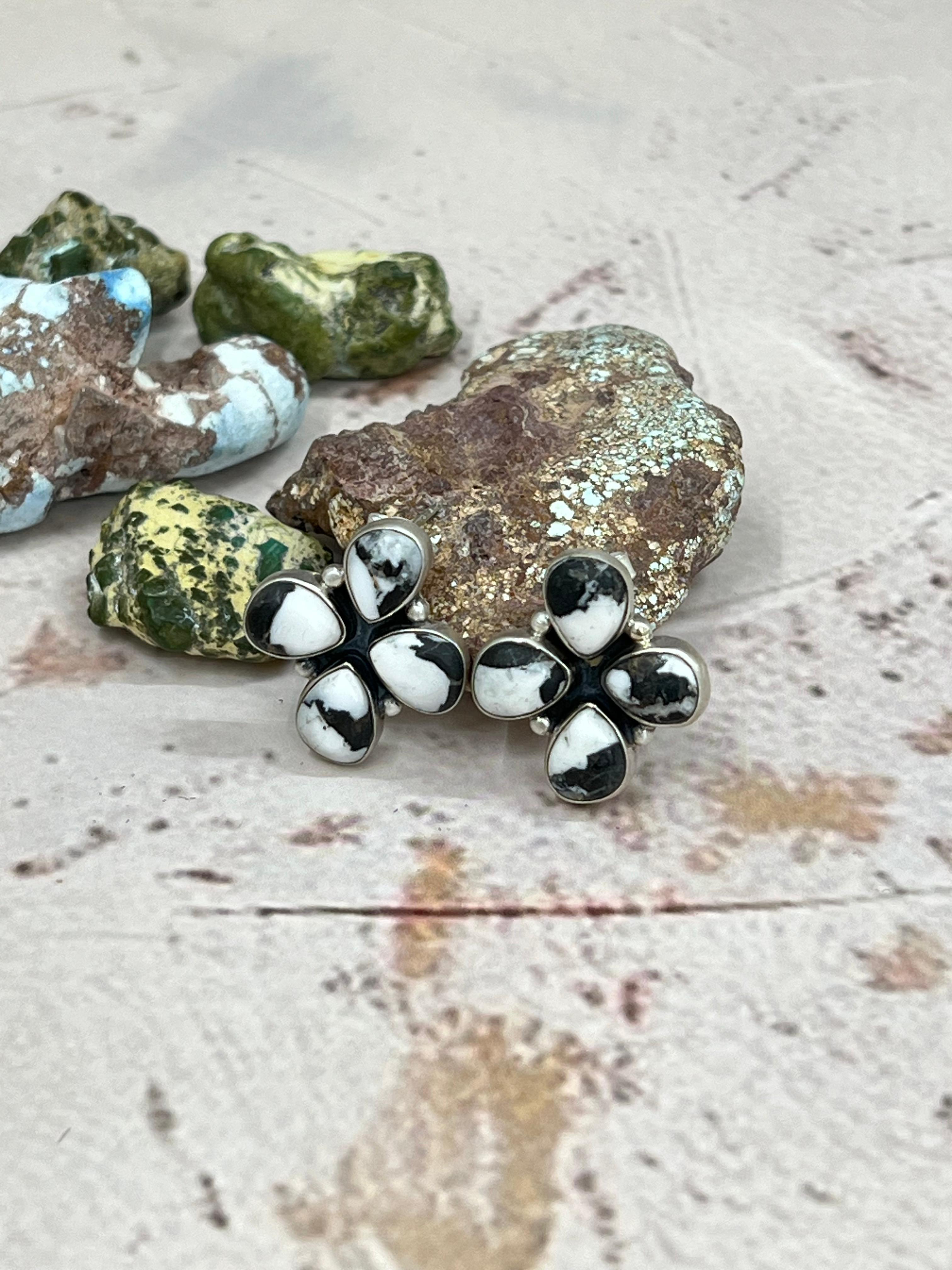 Handmade Sterling Silver White Buffalo Turquoise Earrings with Signed Nizhoni