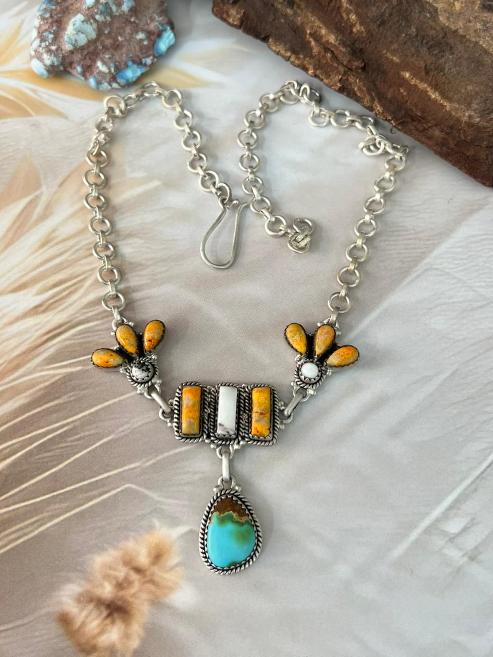 Handmade Sterling Silver Spring Collection: White Buffalo with Bumblebee & Sonoran Mountain Turquoise Necklace "Signed Nizhoni"
