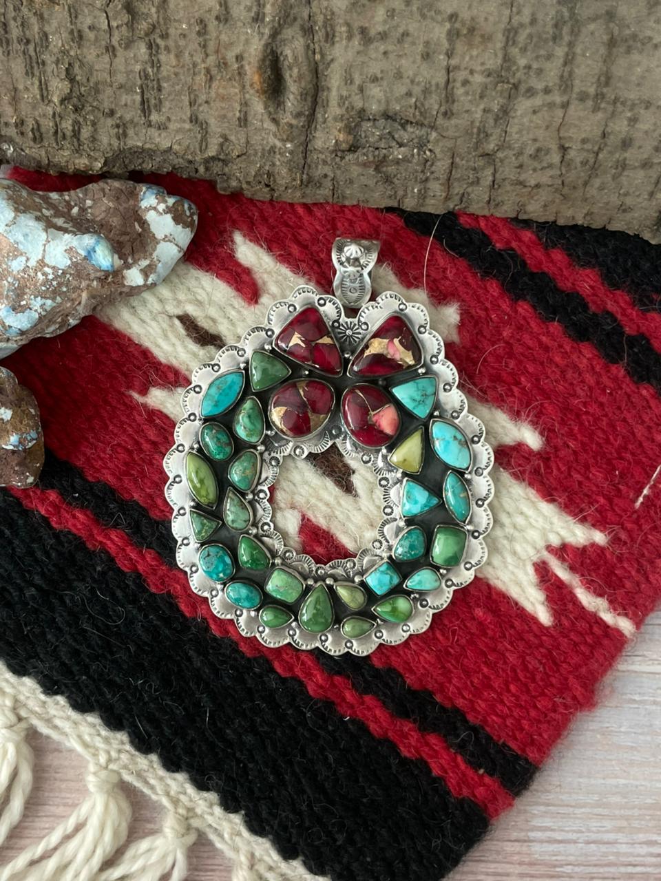 Handmade Sterling Silver Dahlia Rose with Emerald Valley Turquoise Pendant "Signed Nizhoni"