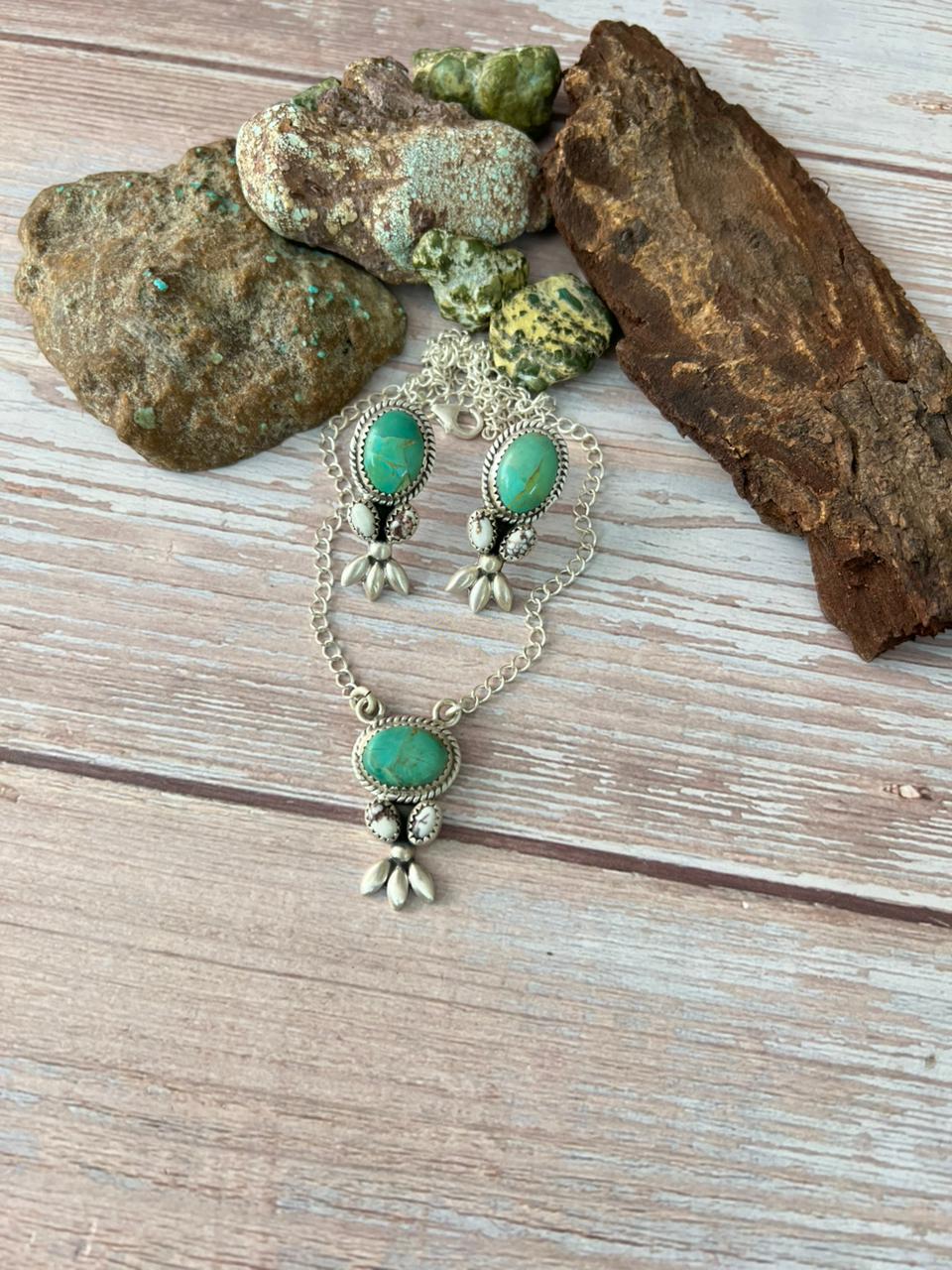 Handmade Sterling Silver Wild Horse Magnesite With Kingman Turquoise Necklace Earrings Set with Signed Nizhoni (6)