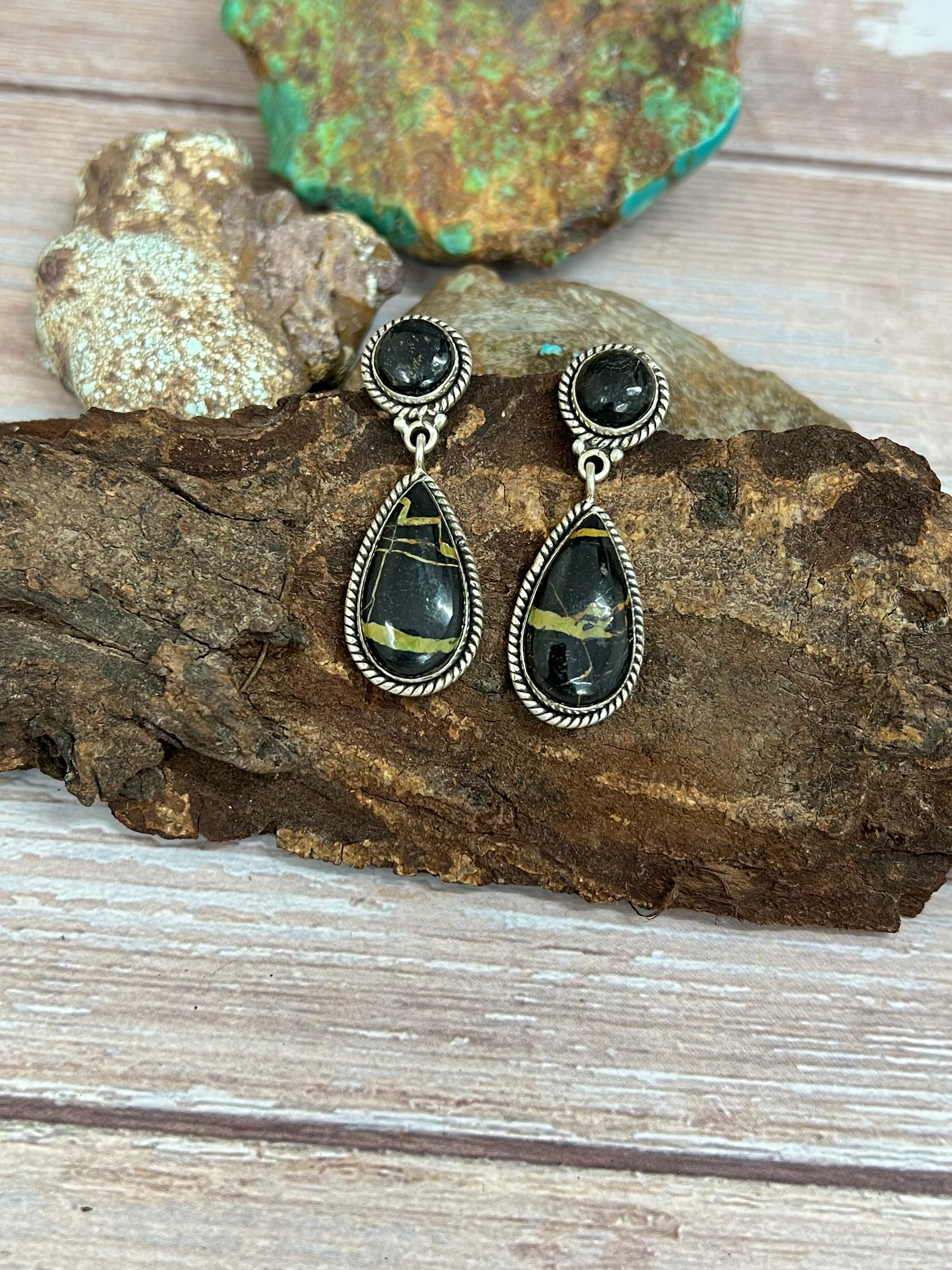 Handmade Sterling Silver Blackjack Turquoise Post Dangle Earrings with Signed Nizhoni