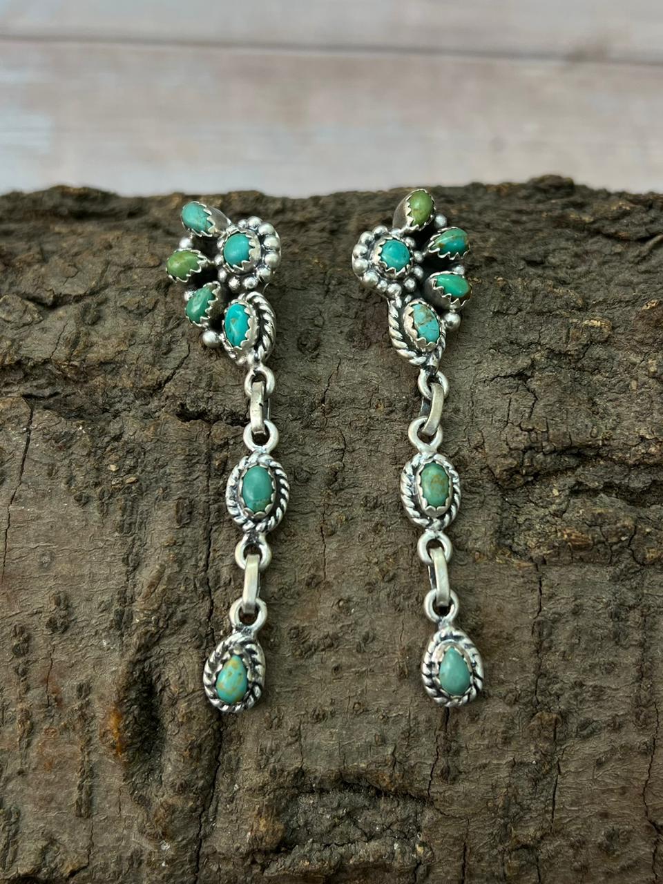 Handmade Sterling Silver Kingman Turquoise Post Dangle Earrings "Signed Nizhoni"