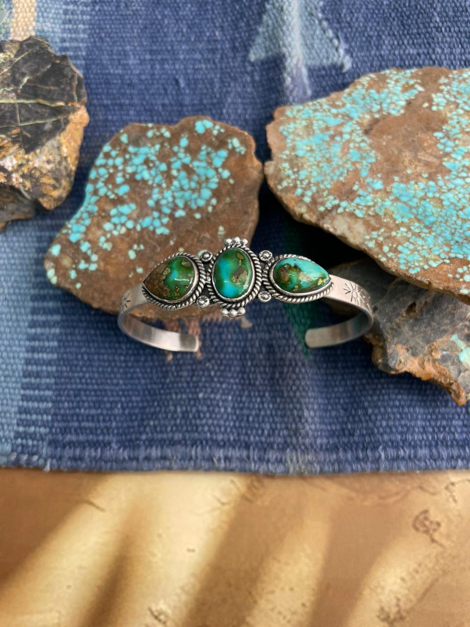Handmade Sterling Silver Sonoran Mountain Turquoise Cuff Bracelet "Signed Nizhoni"