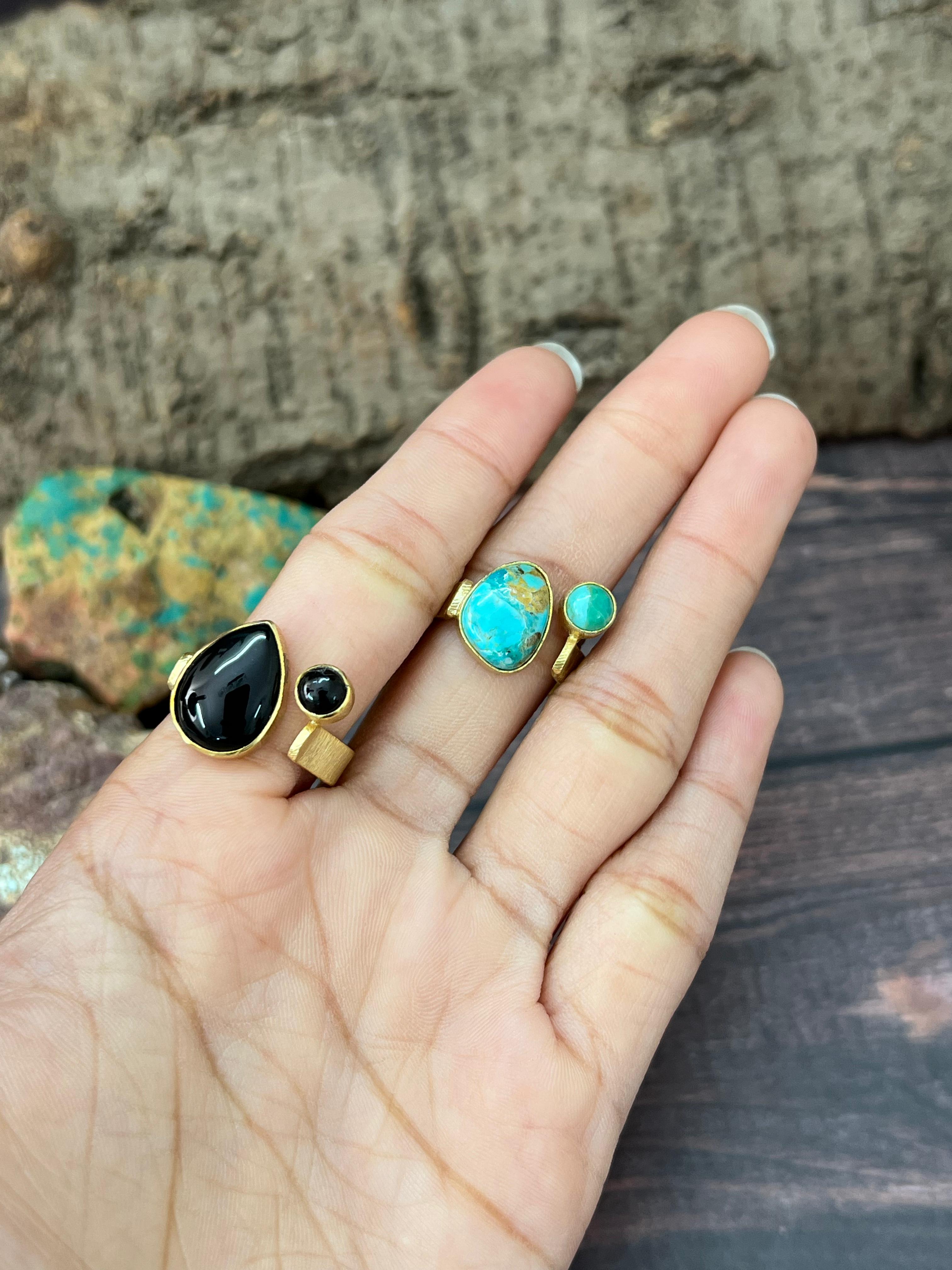 “The Golden Collection” Natural Kingman Turquoise, Black Onyx Adjustable Tear Dot Ring