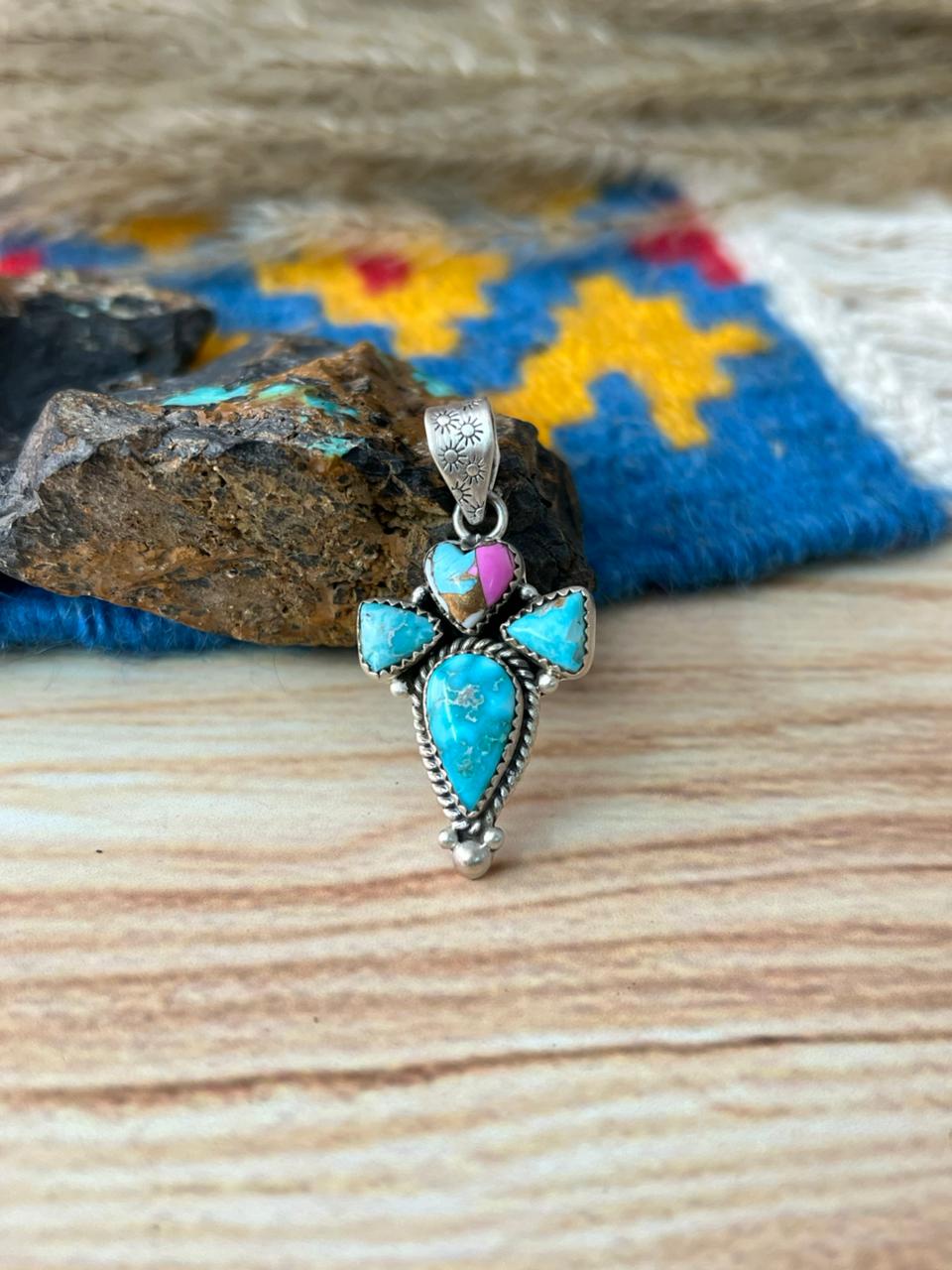 Handmade Sterling Silver Cotton Candy with White Water Turquoise Pendant "Signed Nizhoni"