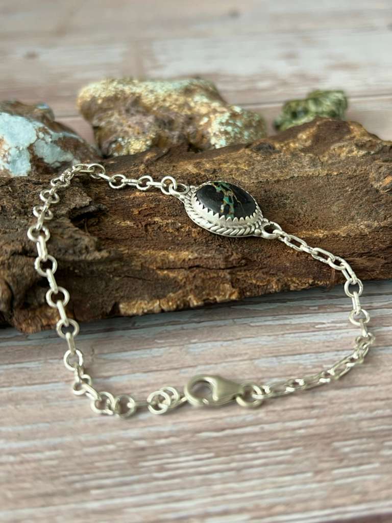 Handmade Sterling Silver Blackjack Turquoise Chain Bracelet with Signed Nizhoni