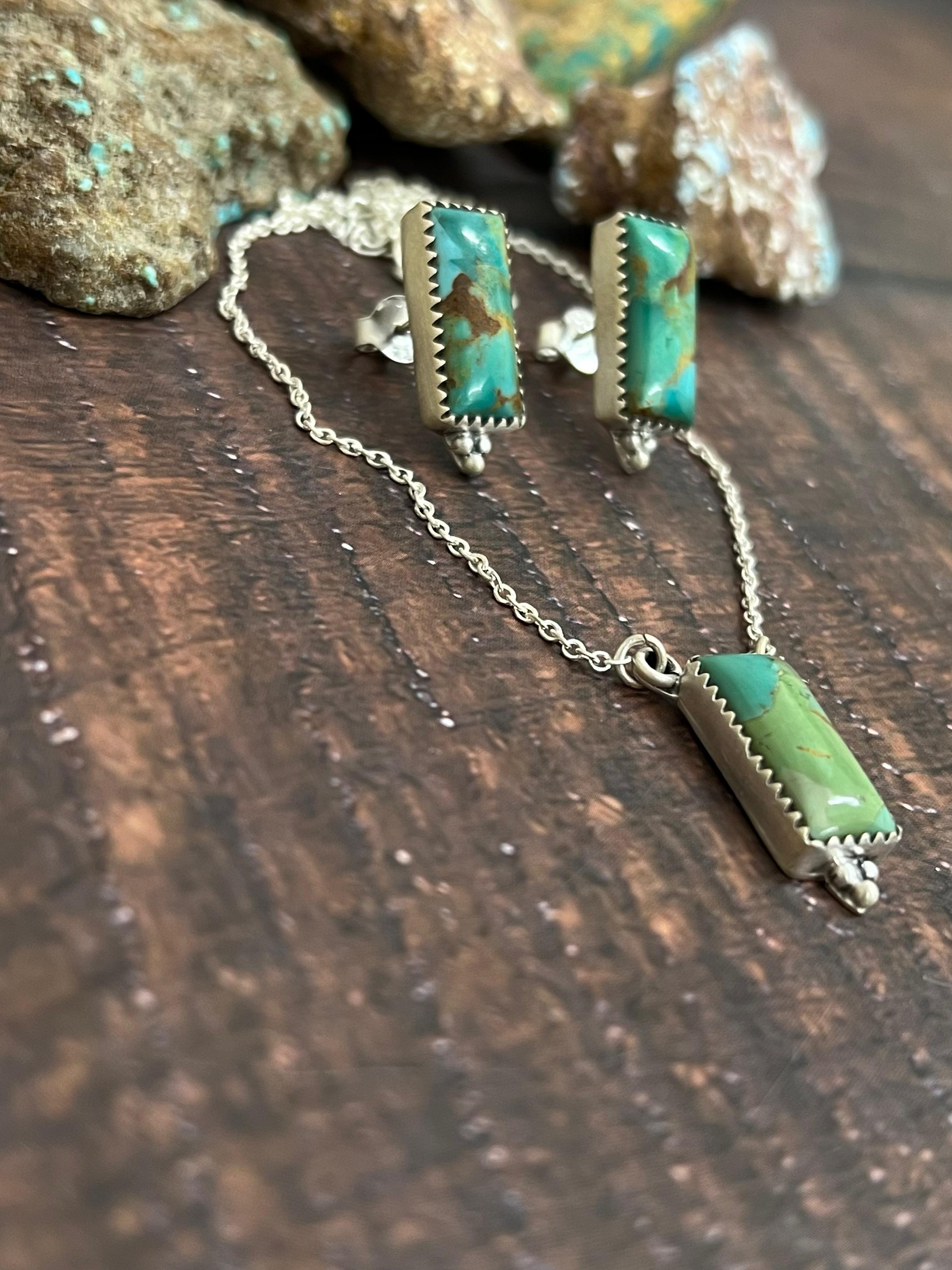 Handmade Sterling Silver Kingman Turquoise Necklace Earrings Set with Signed Nizhoni