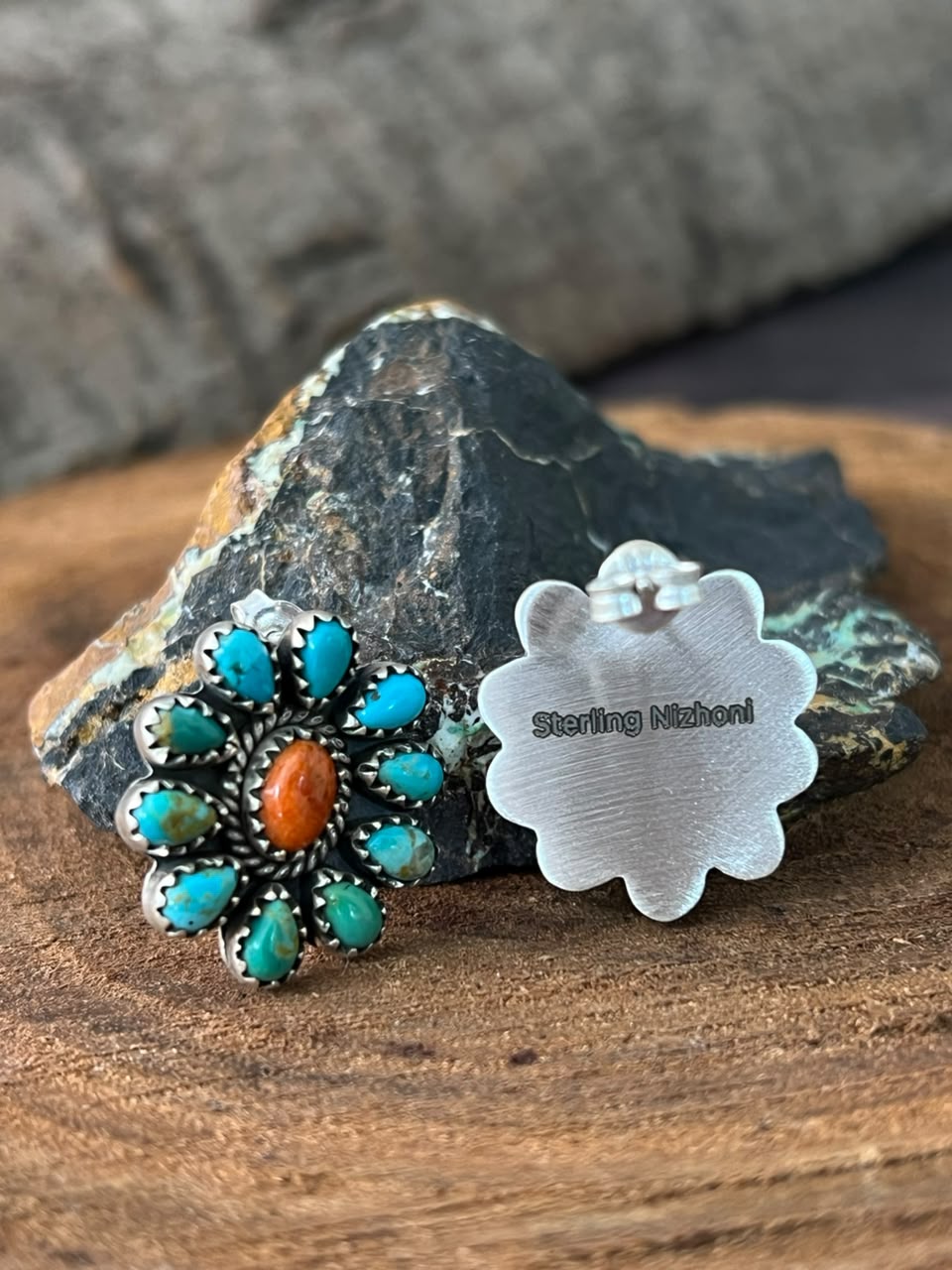 Handmade Sterling Silver Kingman Turquoise with Orange Mojave Post Studs Earrings Signed Nizhoni