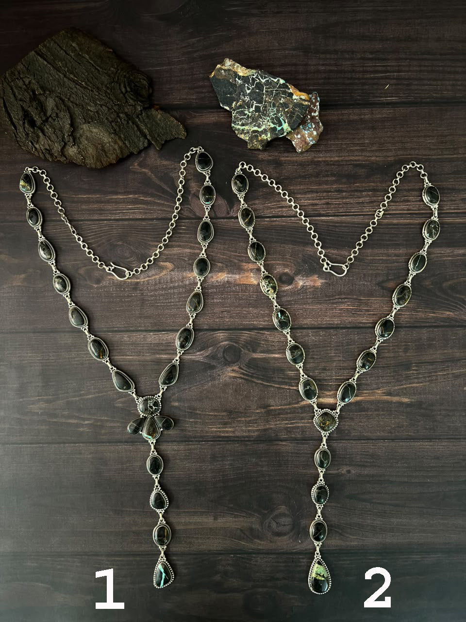 Handmade Sterling Silver Blackjack Turquoise Collection: 'Y Shaped' Necklace Signed Nizhoni