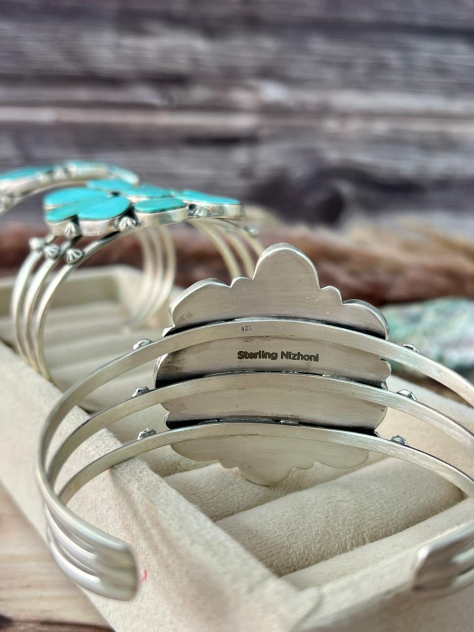 Handmade Sterling Silver Green Kingman Turquoise Collection: Cuff Bracelet Signed Nizhoni