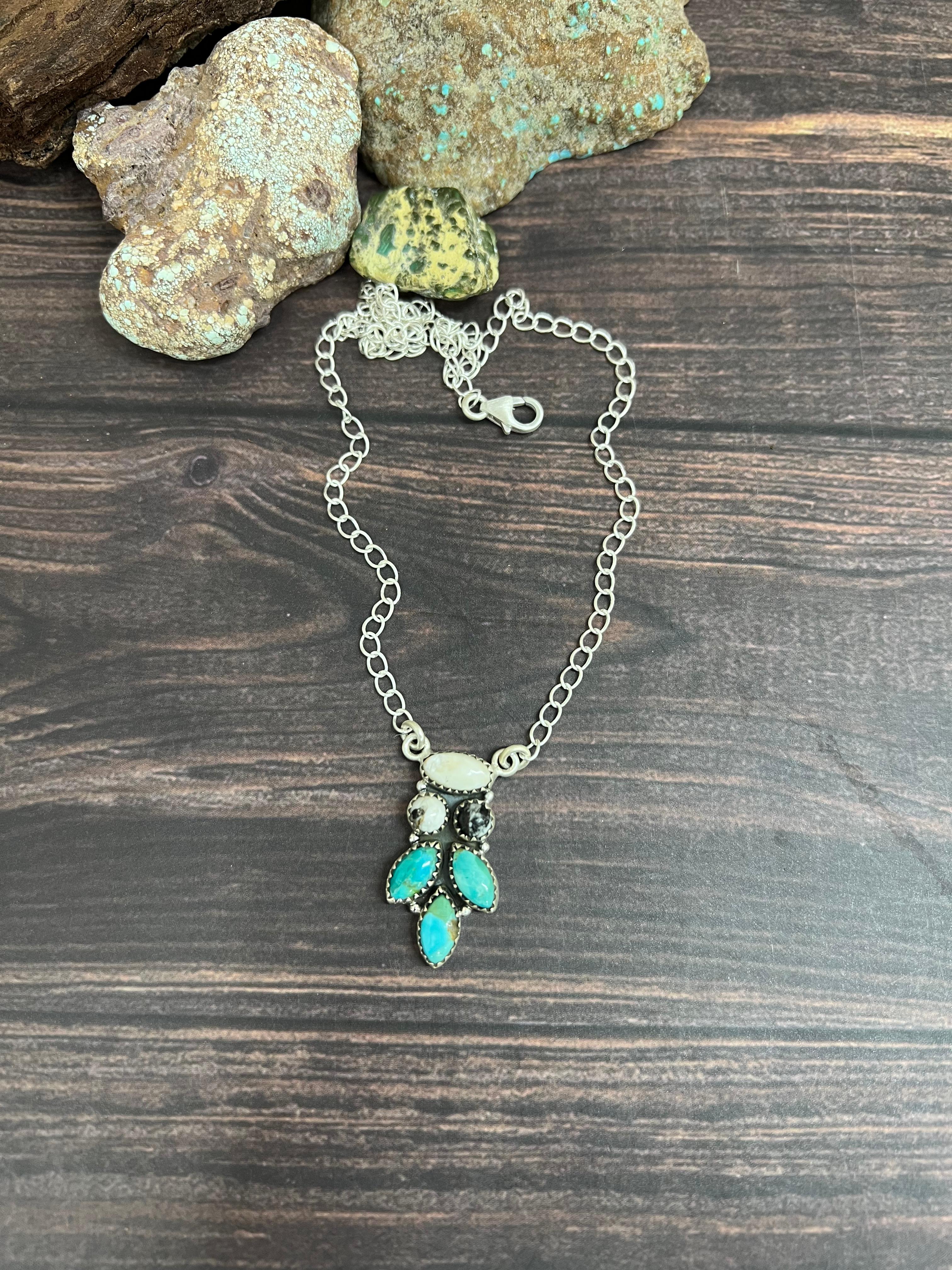 Handmade Sterling Silver Kingman Turquoise with White Buffalo Necklace with Signed Nizhoni