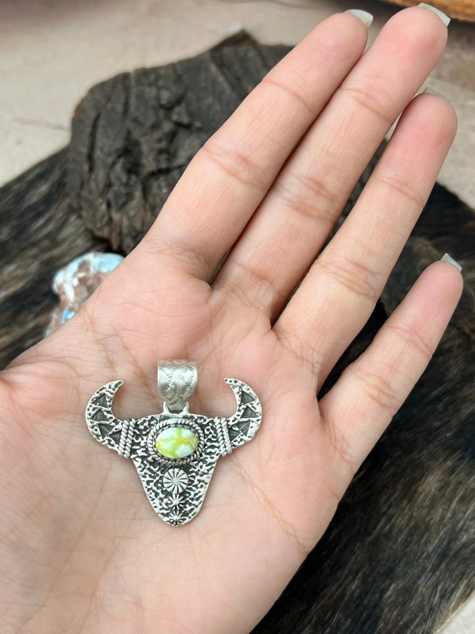 Handmade Sterling Silver Palomino Turquoise Bull Pendant "Signed Nizhoni" (6)