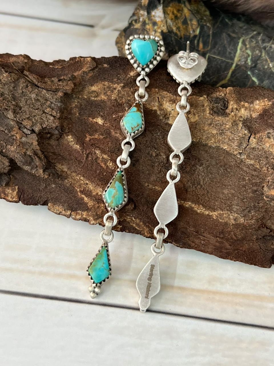 Handmade Sterling Silver Kingman Turquoise Post Dangle Heart Earrings Signed Nizhoni