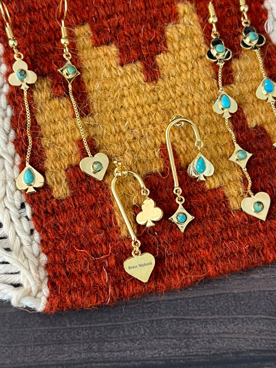 “The Golden Collection” Handmade Kingman Turquoise Playing Card Hook/Post Dangle Earrings Signed Nizhoni