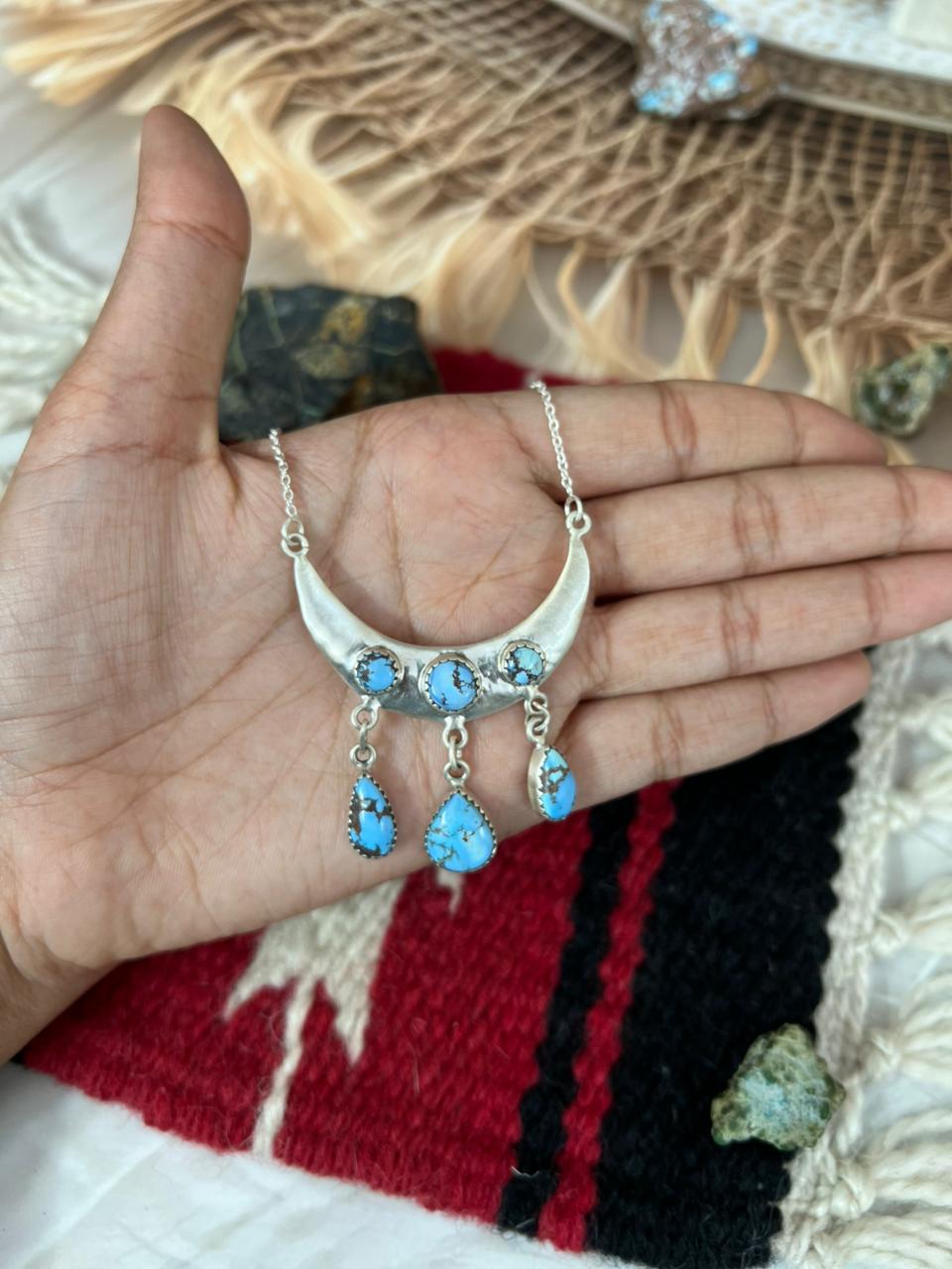 Handmade Sterling Silver Golden Hills Turquoise Moon Shape Necklace "Signed Nizhoni"