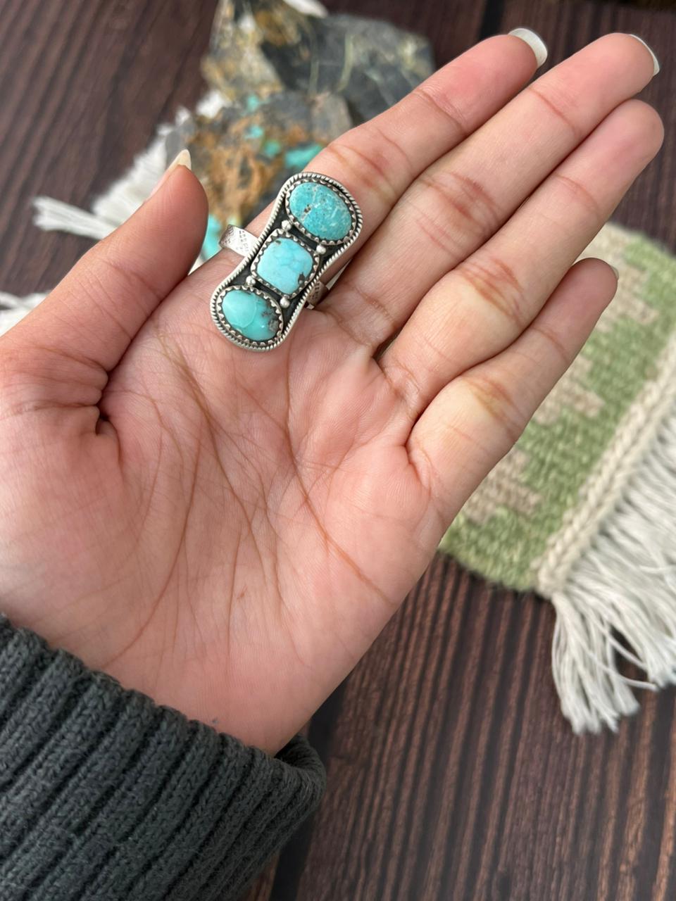 Handmade Sterling Silver White Water Turquoise Adjustable Ring "Signed Nizhoni"