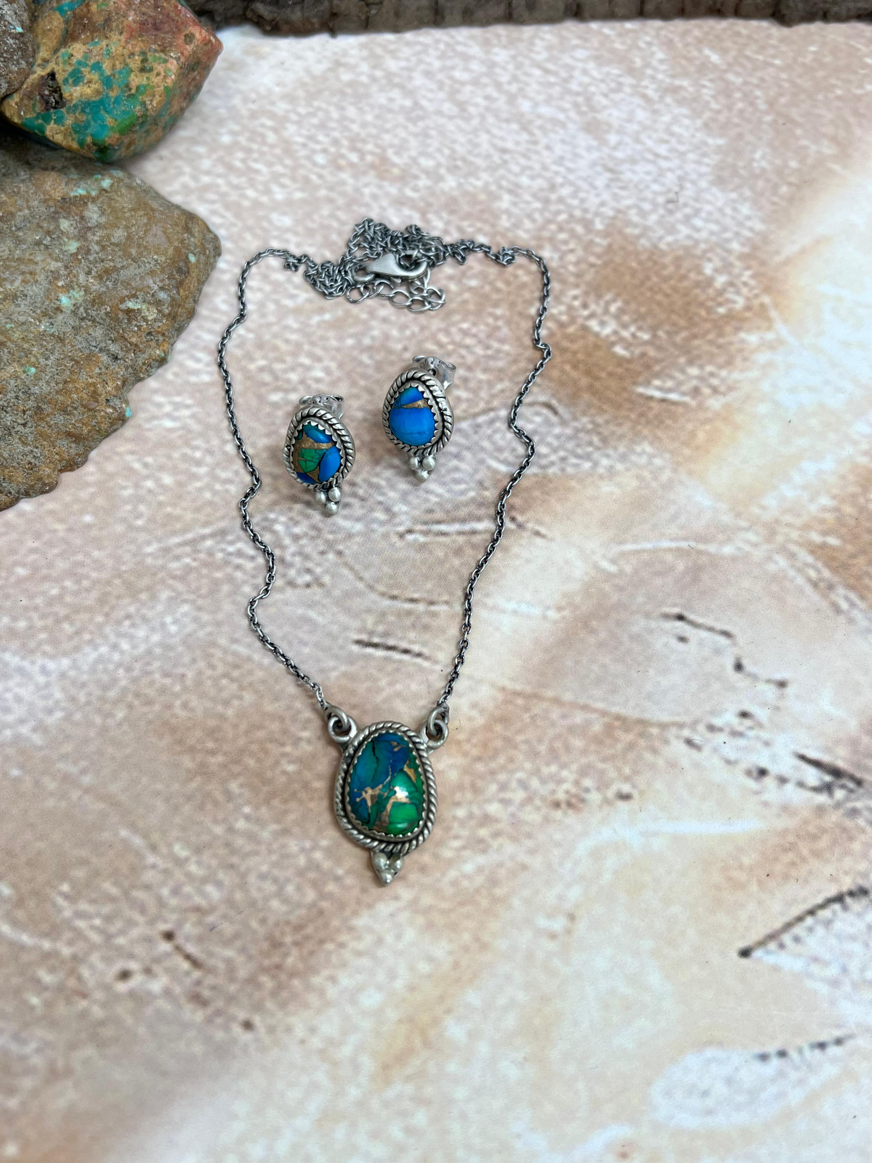 Handmade Sterling Silver Peacock Dahlia Necklace Earrings Set with Signed Nizhoni