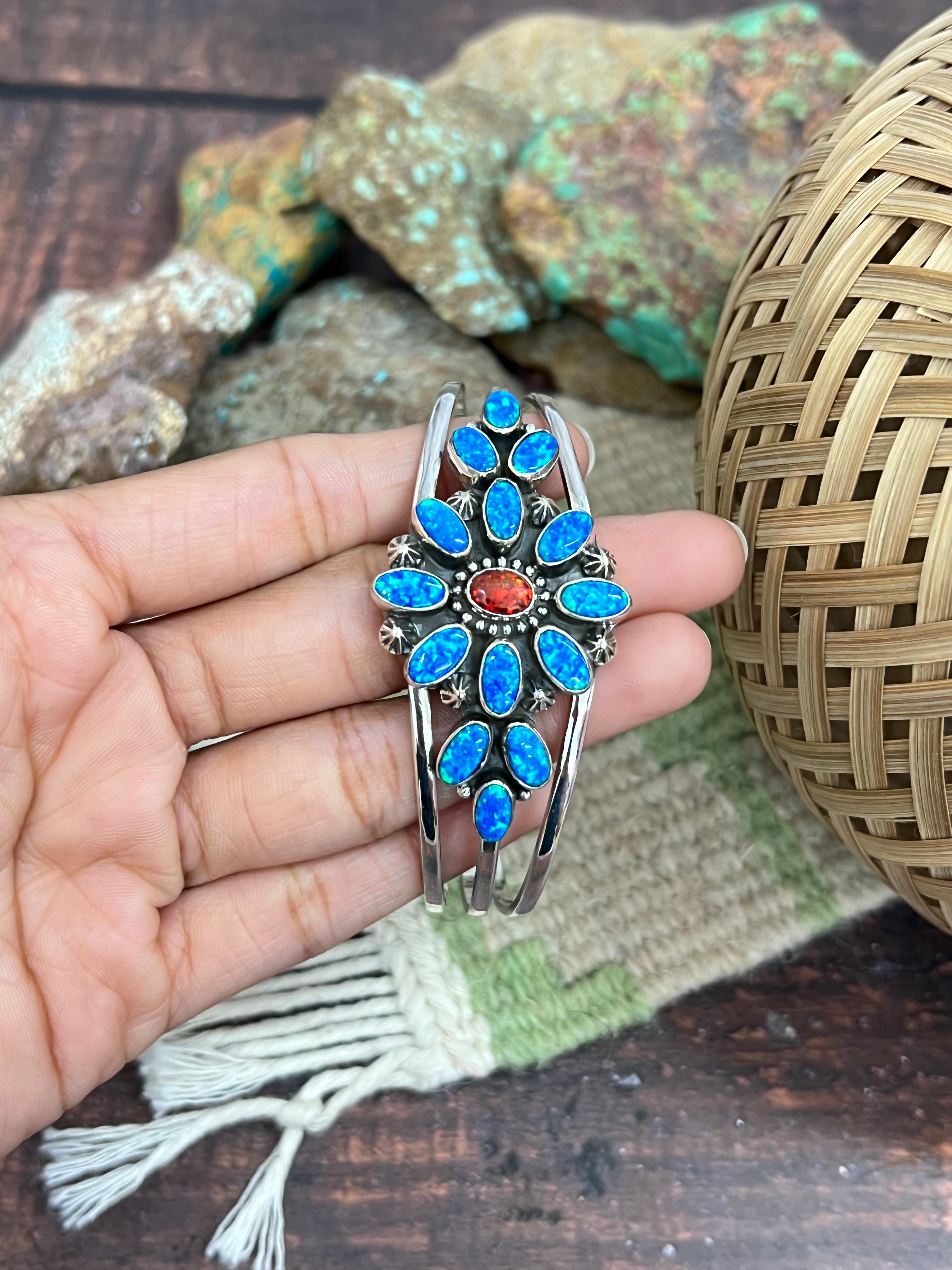 Handmade Sterling Silver Synthetic Opal Cuff Bracelet with Signed Nizhoni