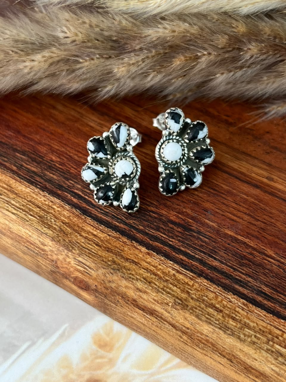 Handmade Sterling Silver White Buffalo Post Studs Earrings Signed Nizhoni